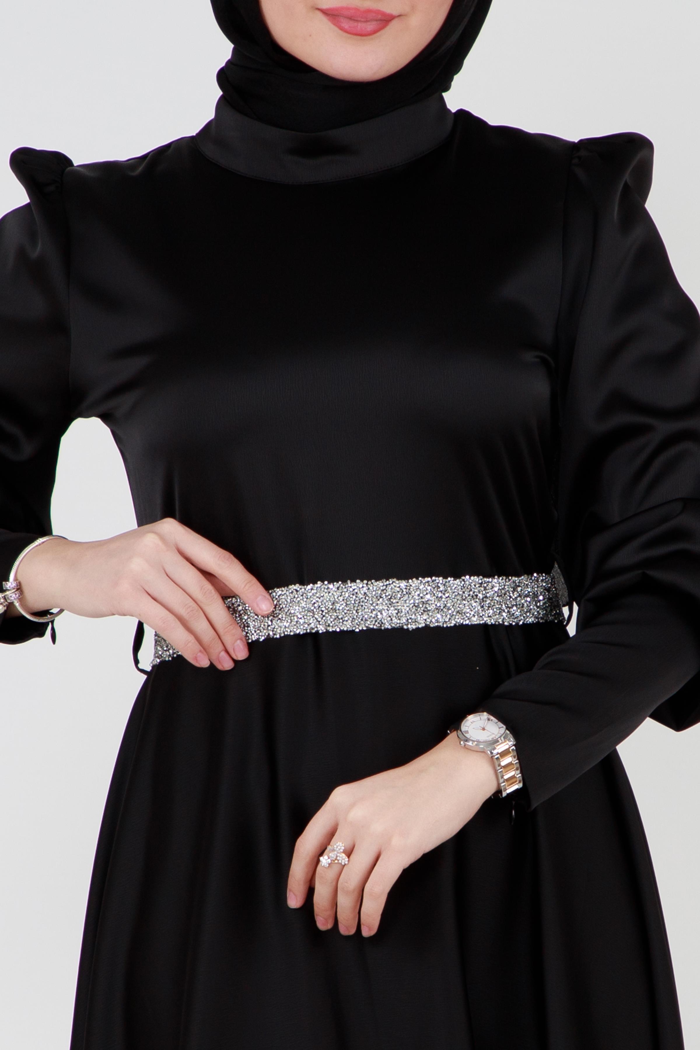 Satin dress with belt decorated with stones- black color