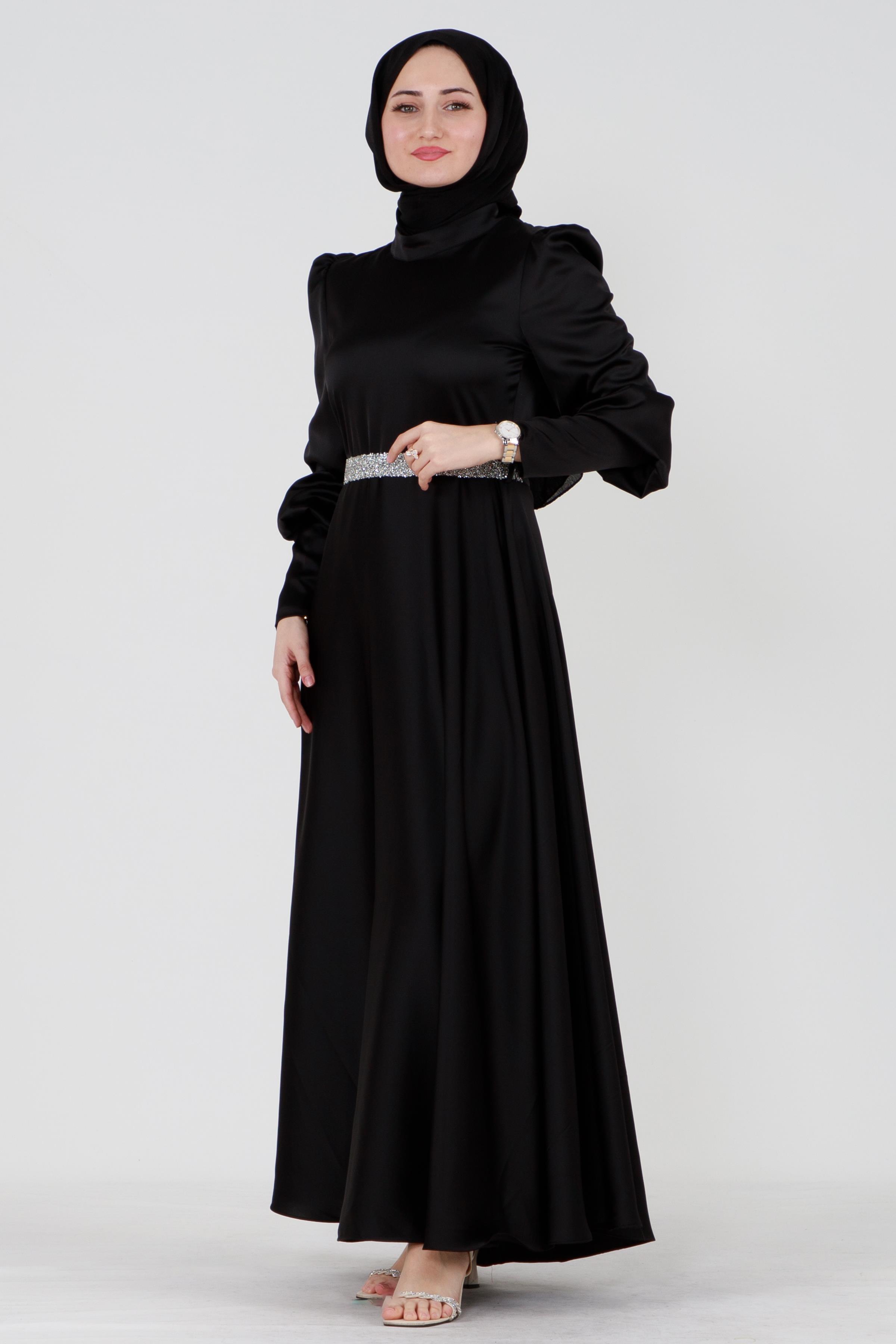 Satin dress with belt decorated with stones- black color