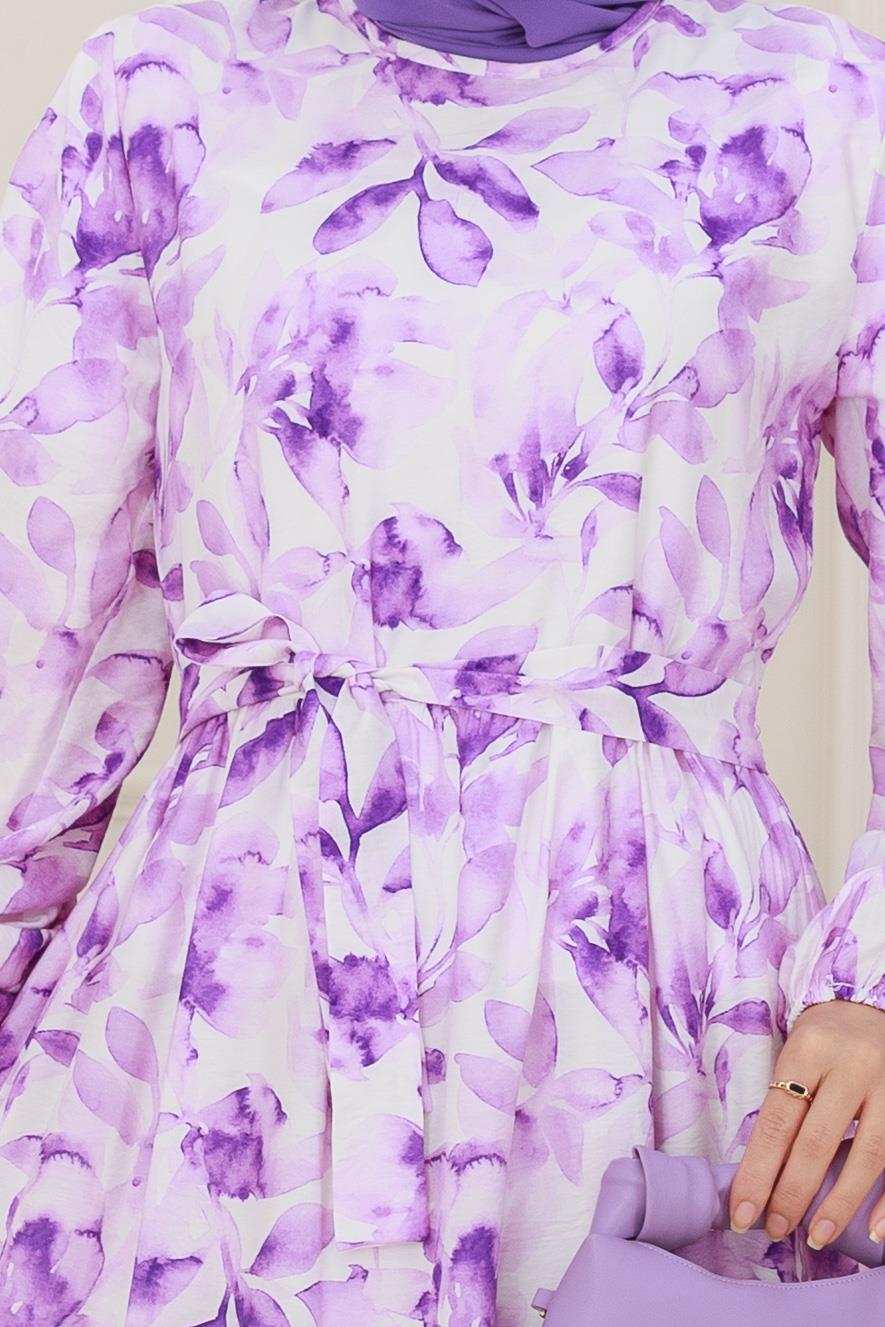 Kuşaklı Çiçekli Lina Elbise-Mor