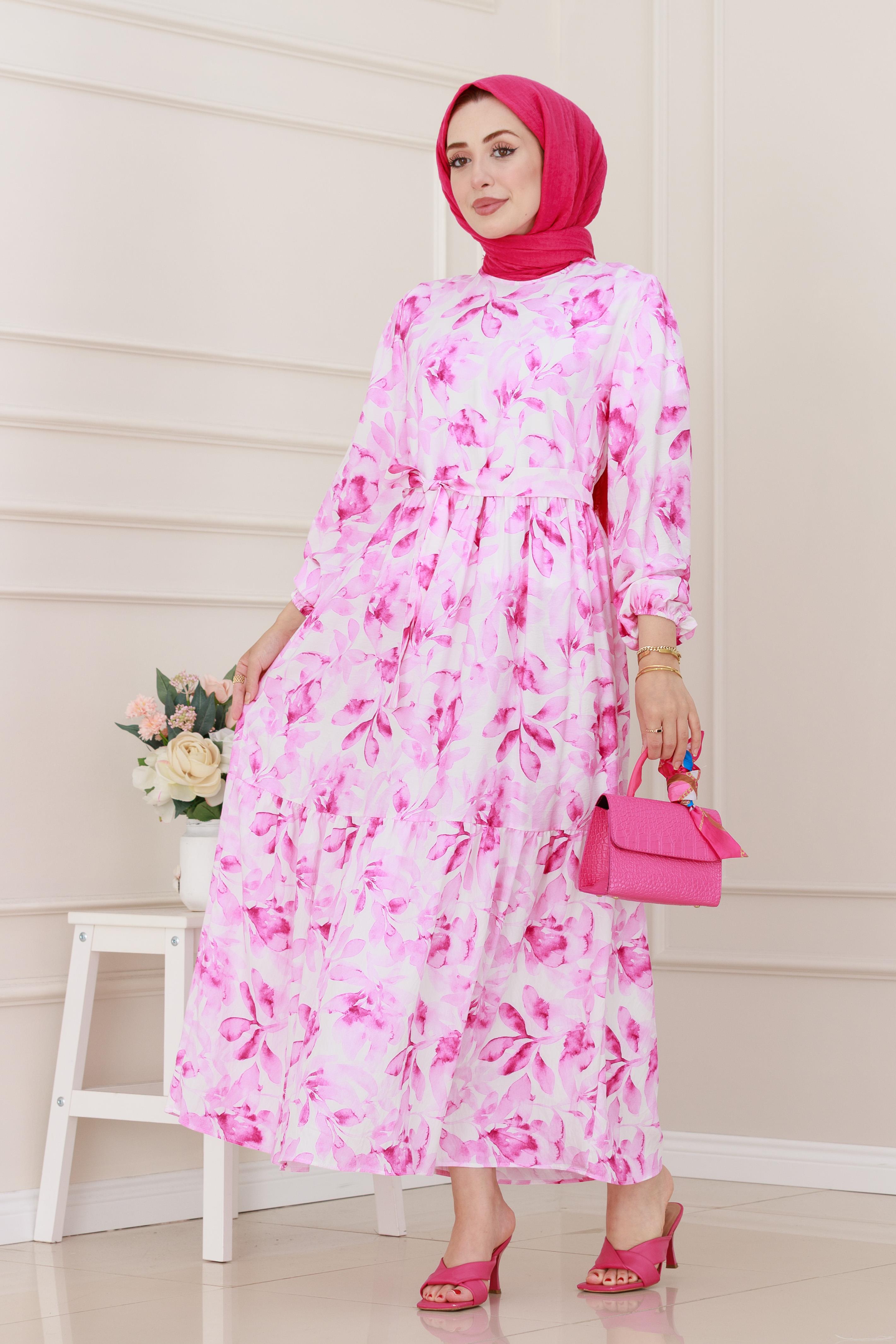 Kuşaklı Çiçekli Lina Elbise-Pembe