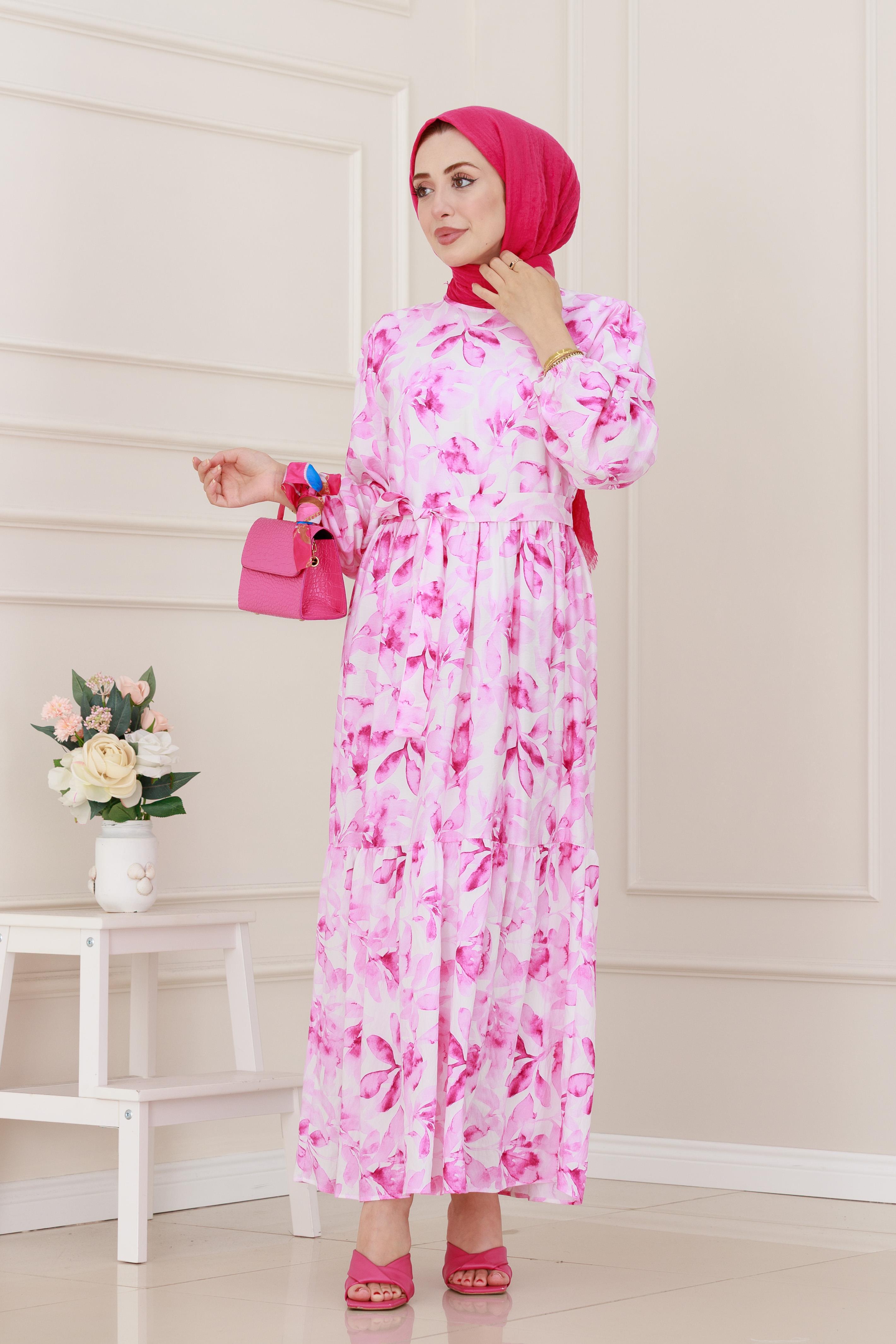Kuşaklı Çiçekli Lina Elbise-Pembe