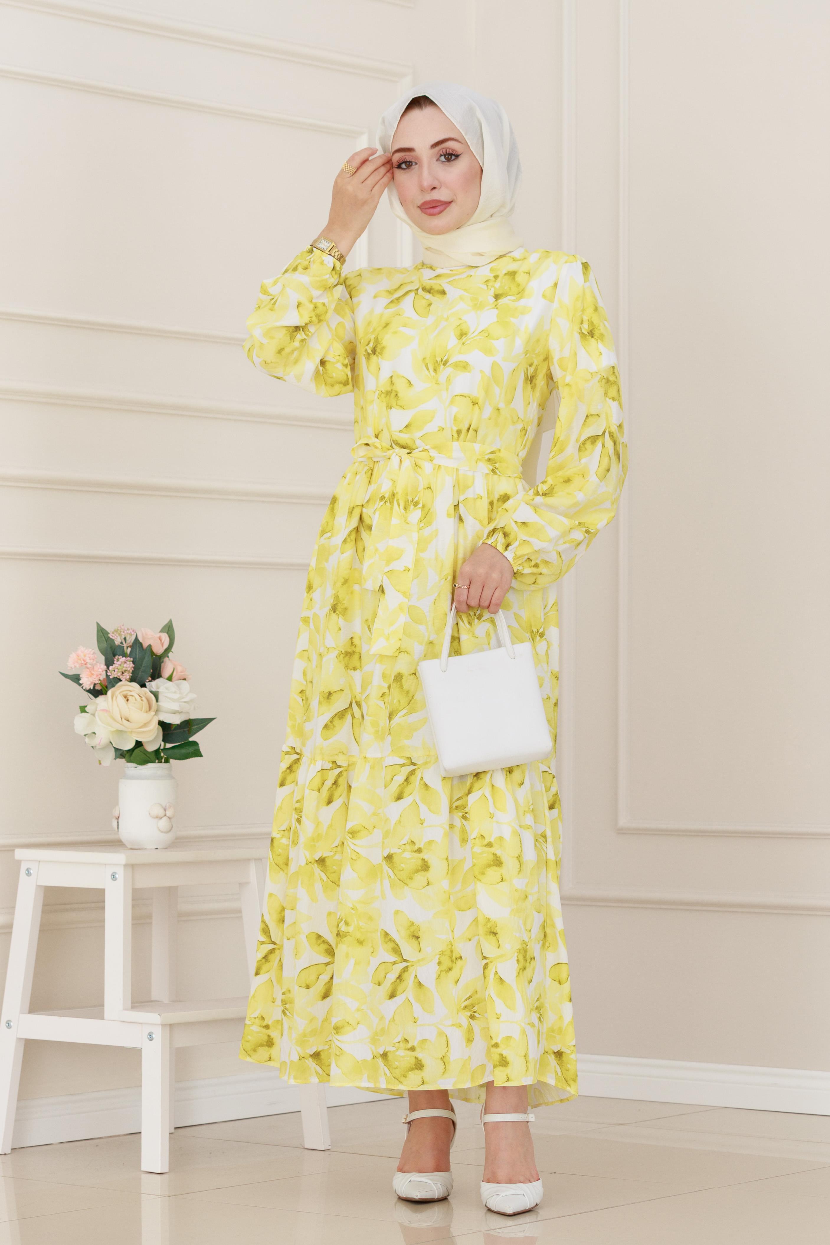 Kuşaklı Çiçekli Lina Elbise-Sarı