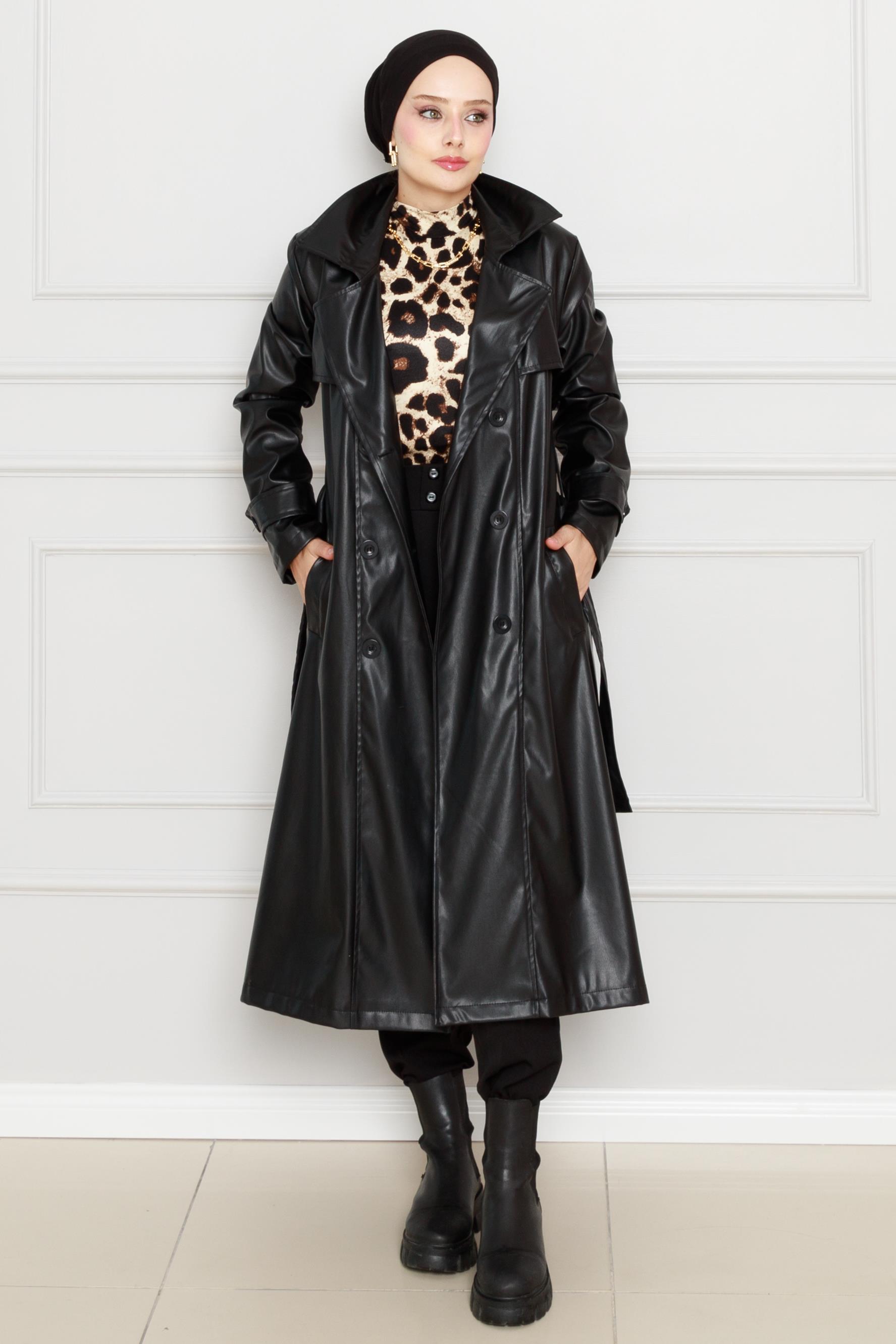 Belted Leather Trench Coat-black color