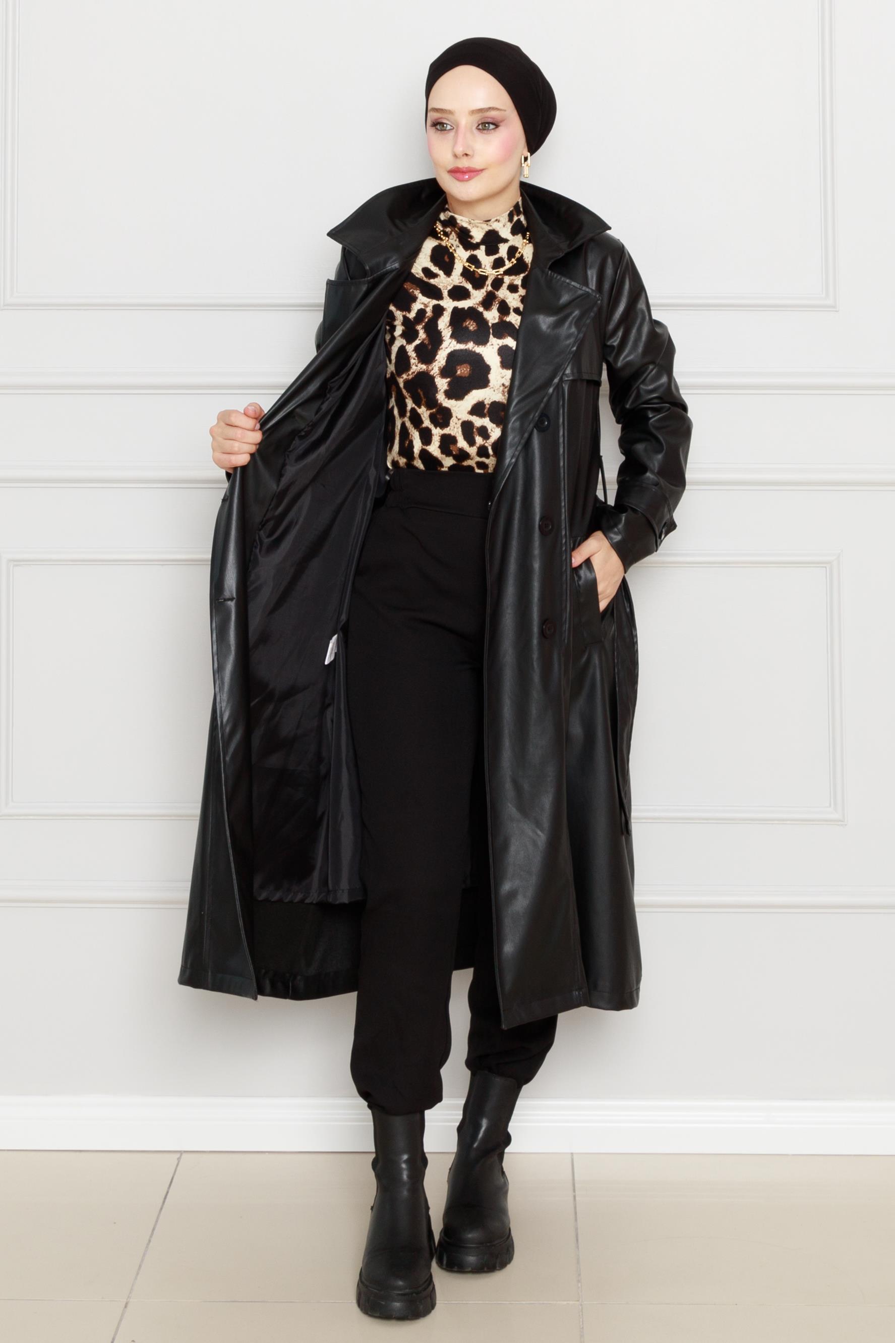 Belted Leather Trench Coat-black color