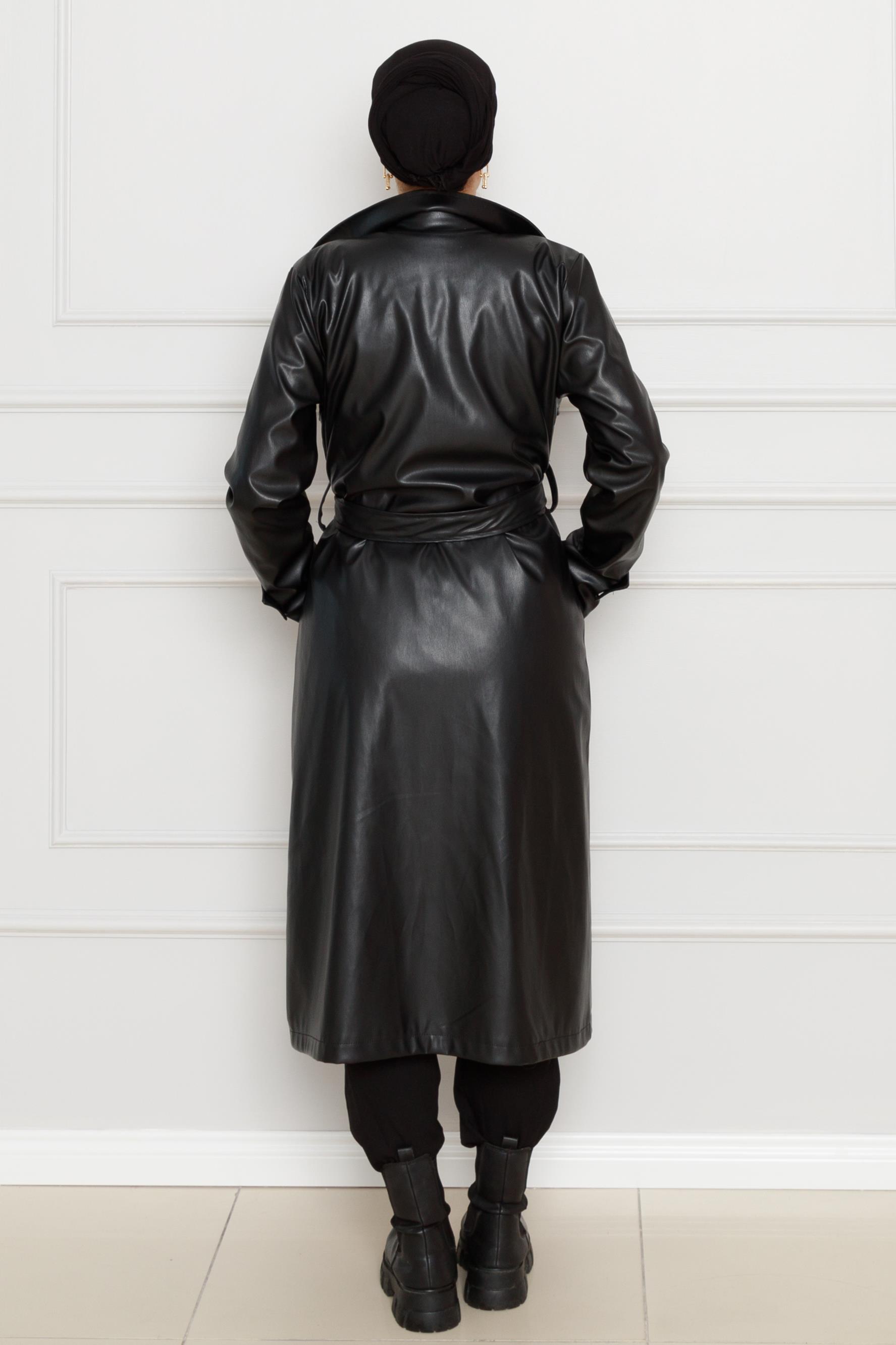 Belted Leather Trench Coat-black color