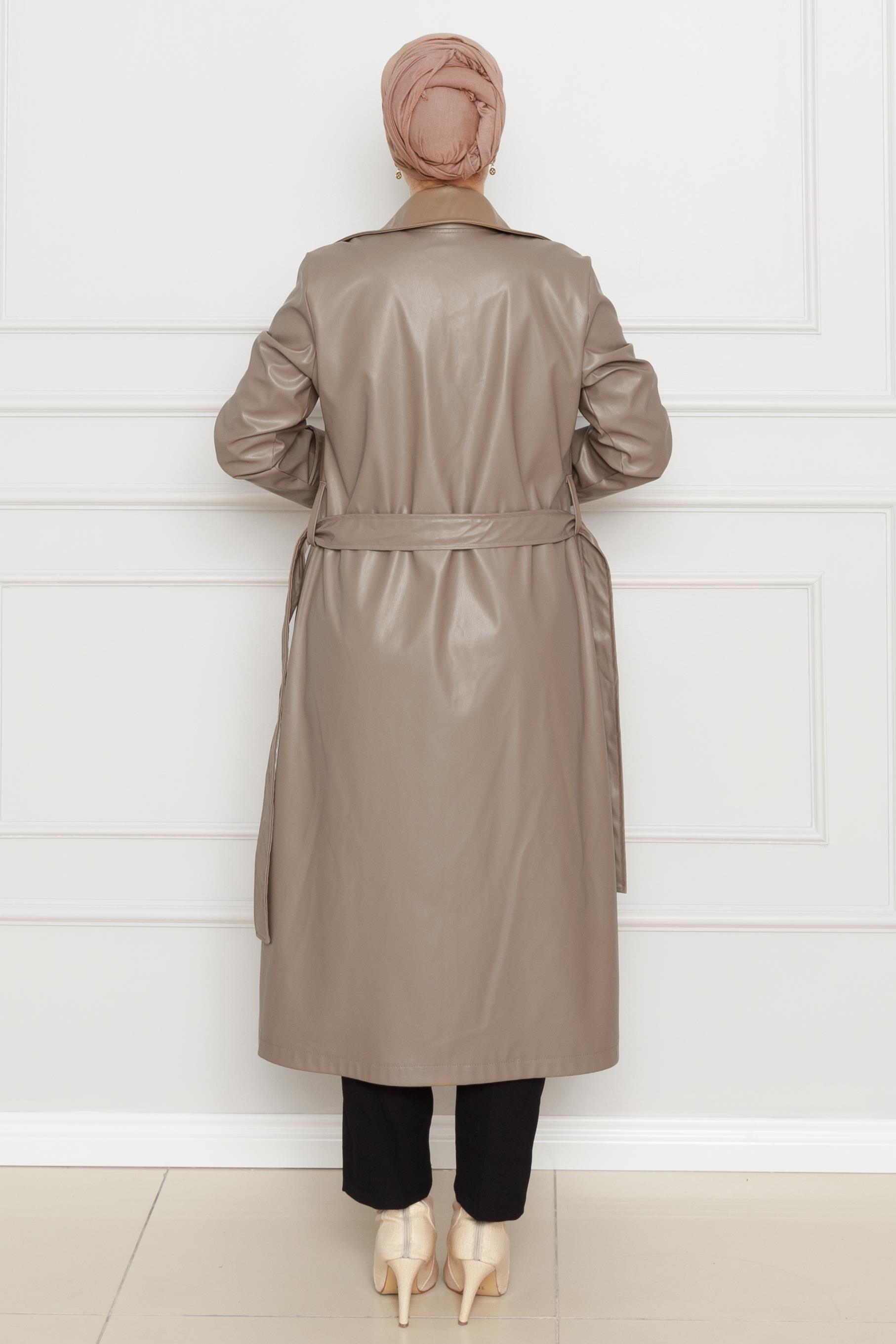 Belted Leather Trench Coat-vizon color