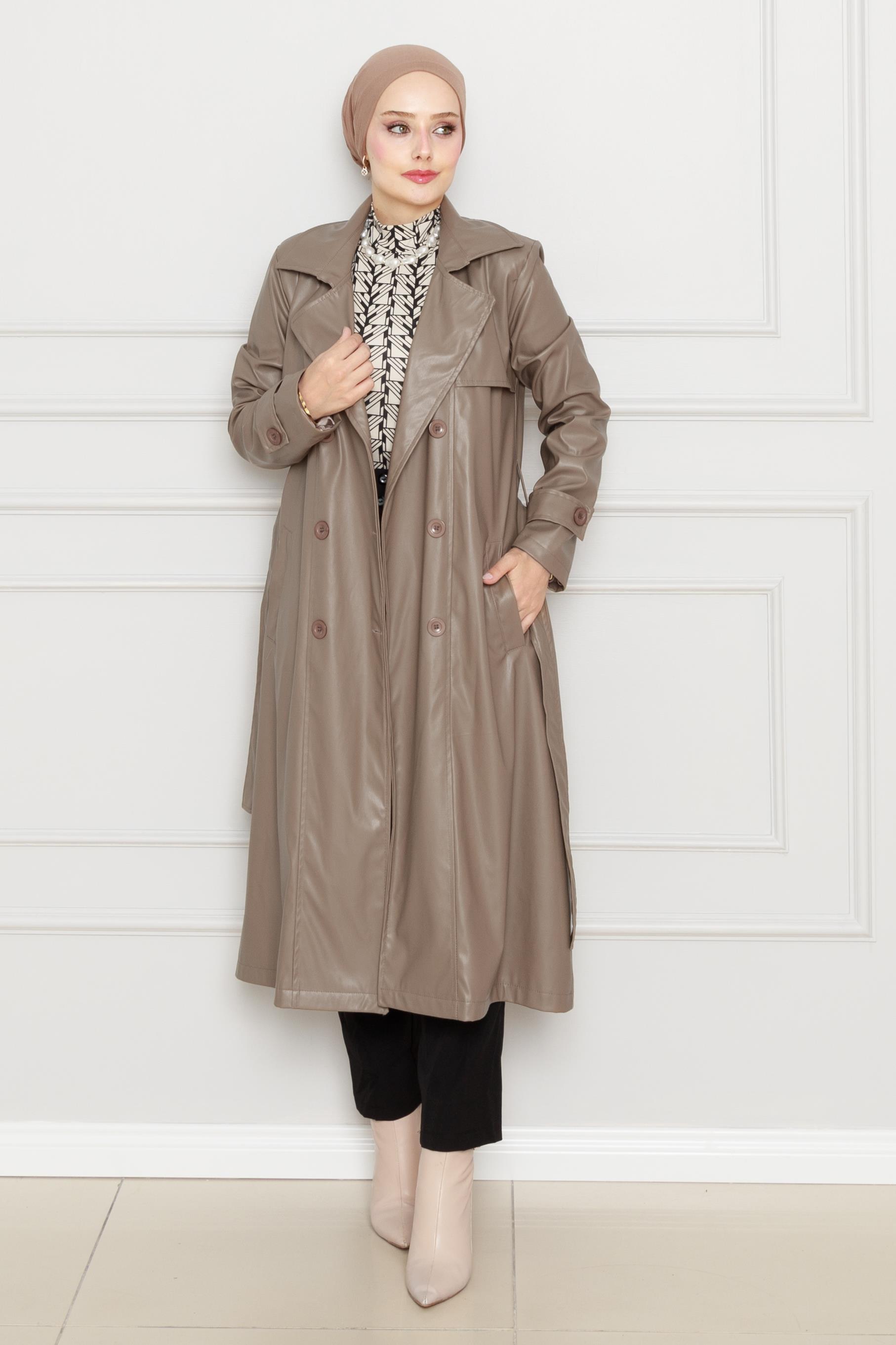 Belted Leather Trench Coat-vizon color