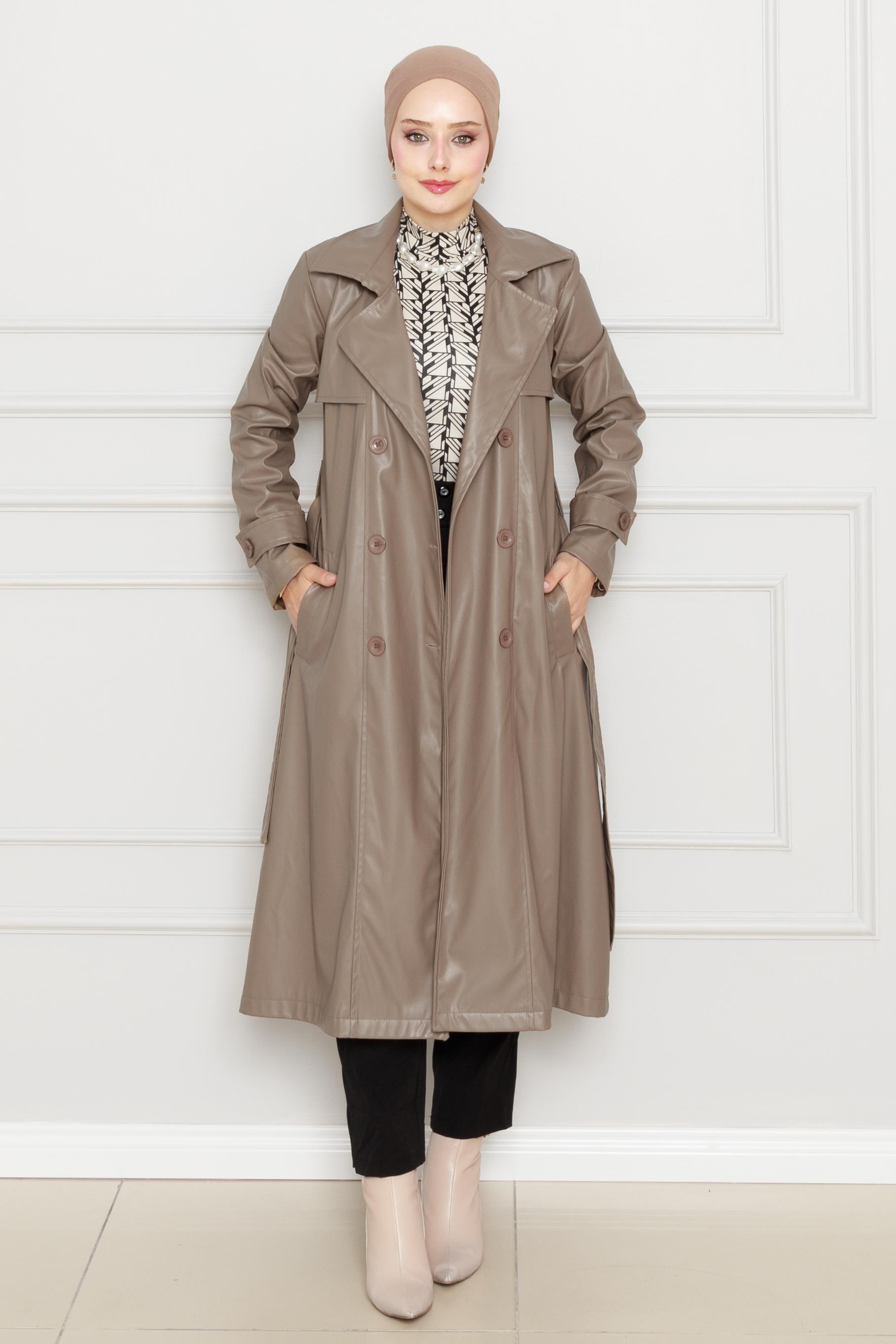 Belted Leather Trench Coat-vizon color