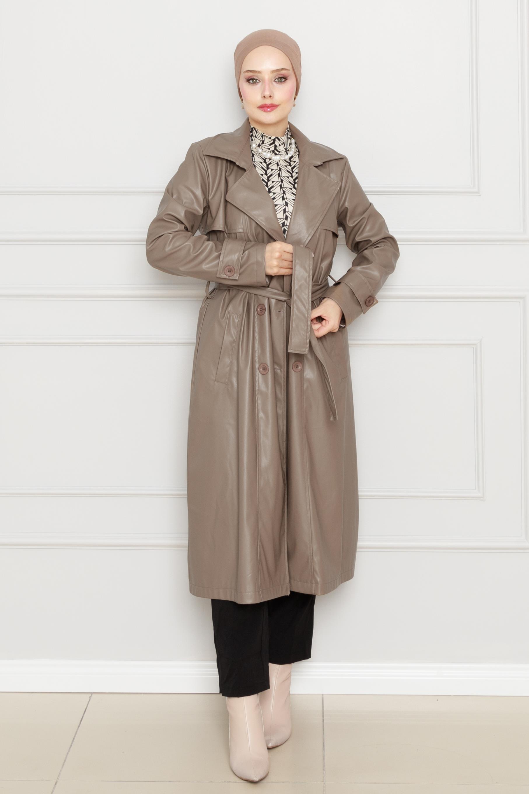 Belted Leather Trench Coat-vizon color