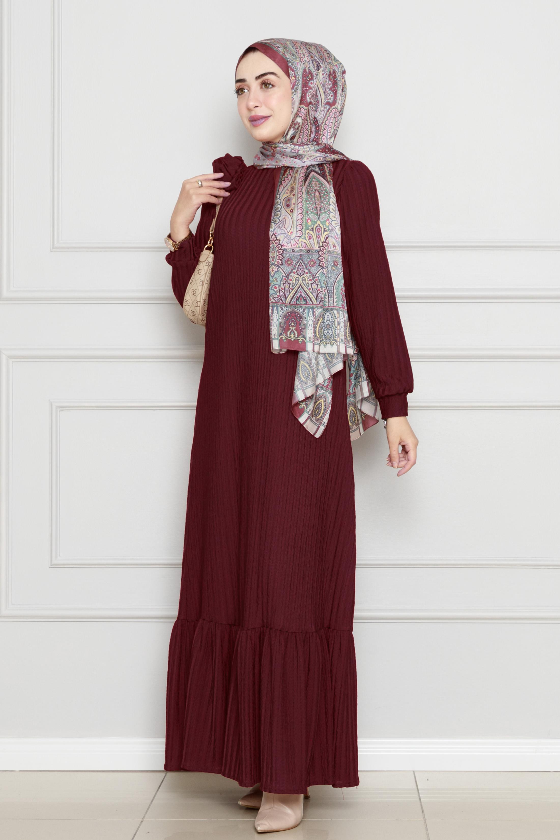 Kuşaklı Jakar Tesettür Elbise-Bordo