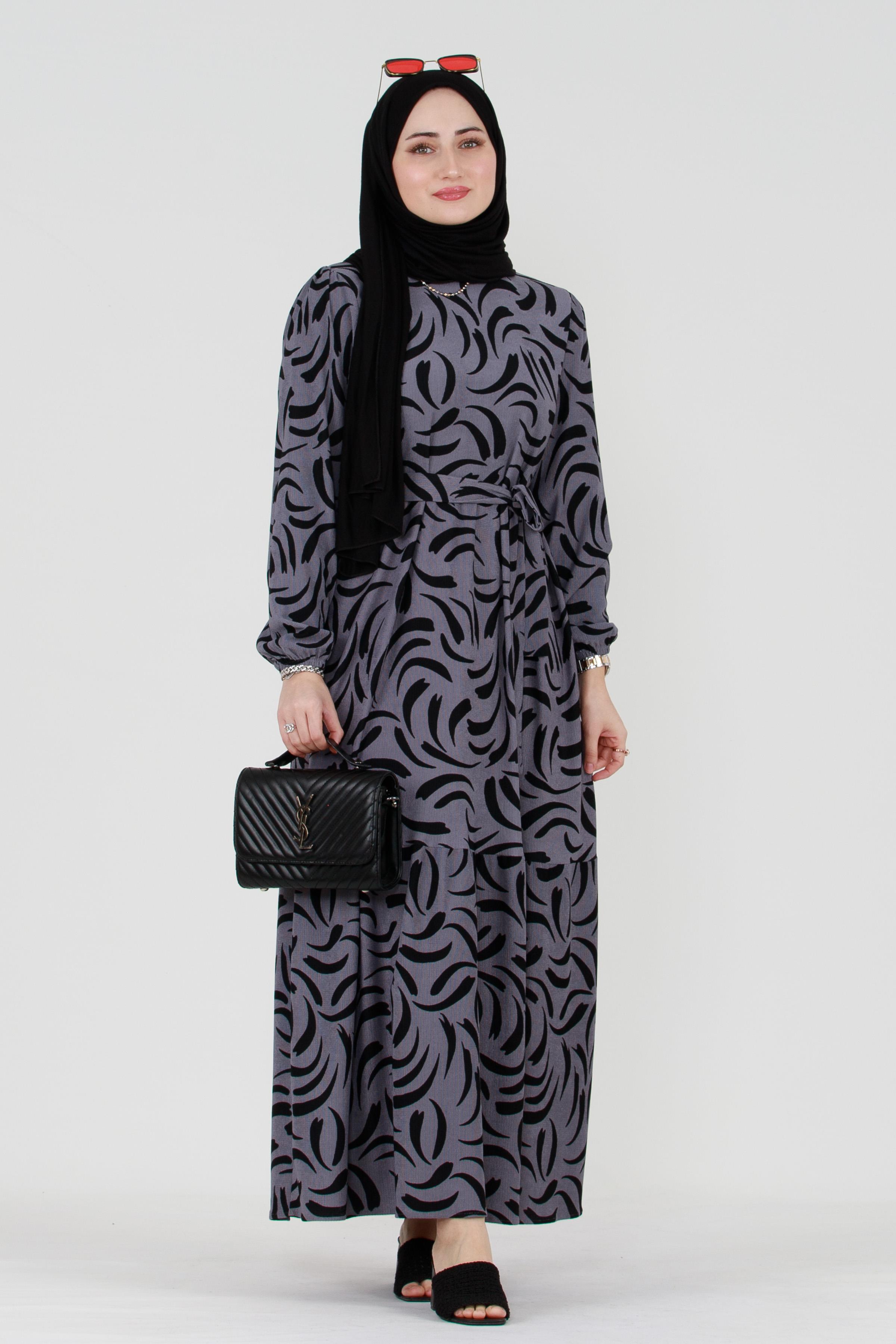 Tulip Waist Belted Modest Dress-Grey