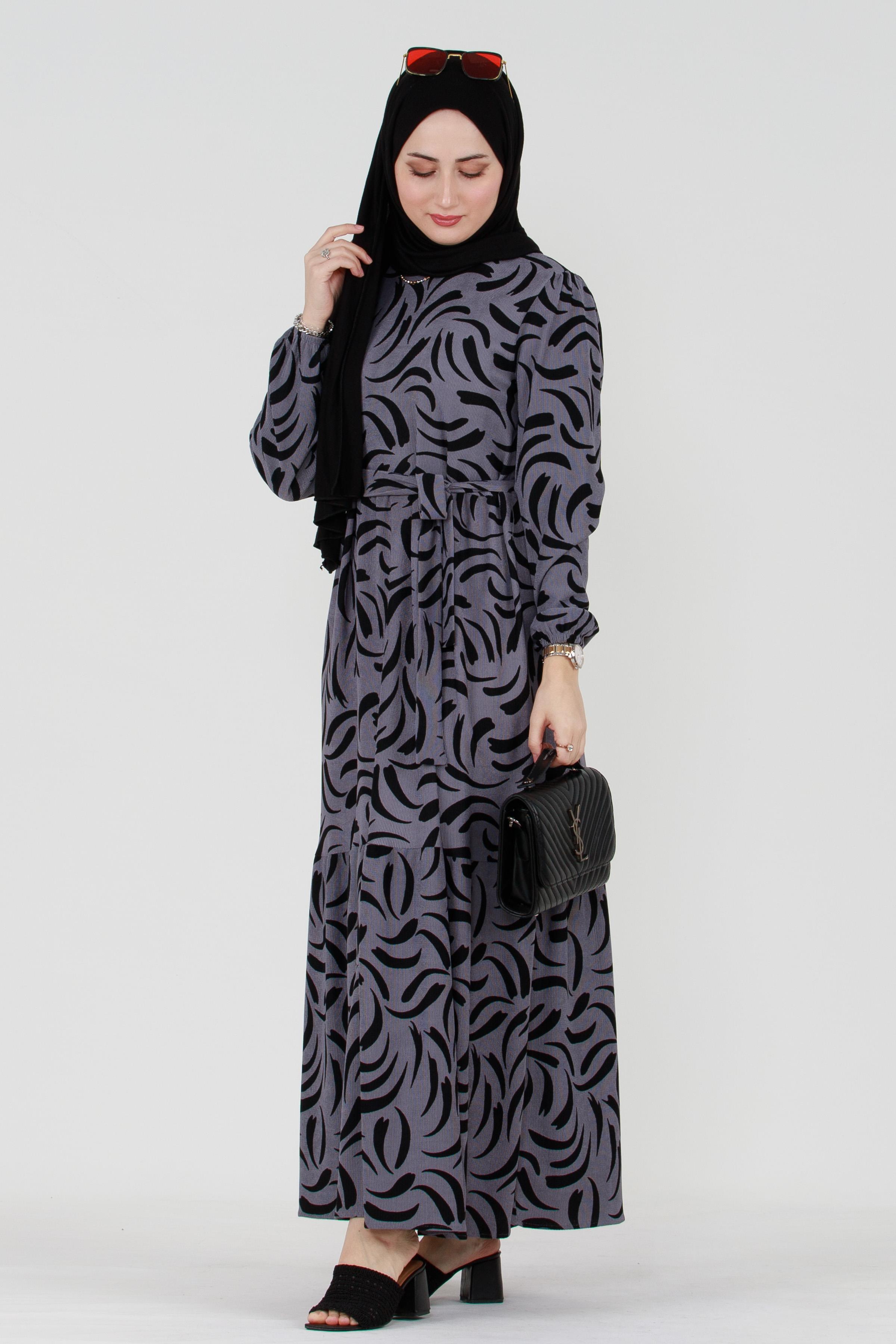 Tulip Waist Belted Modest Dress-Grey