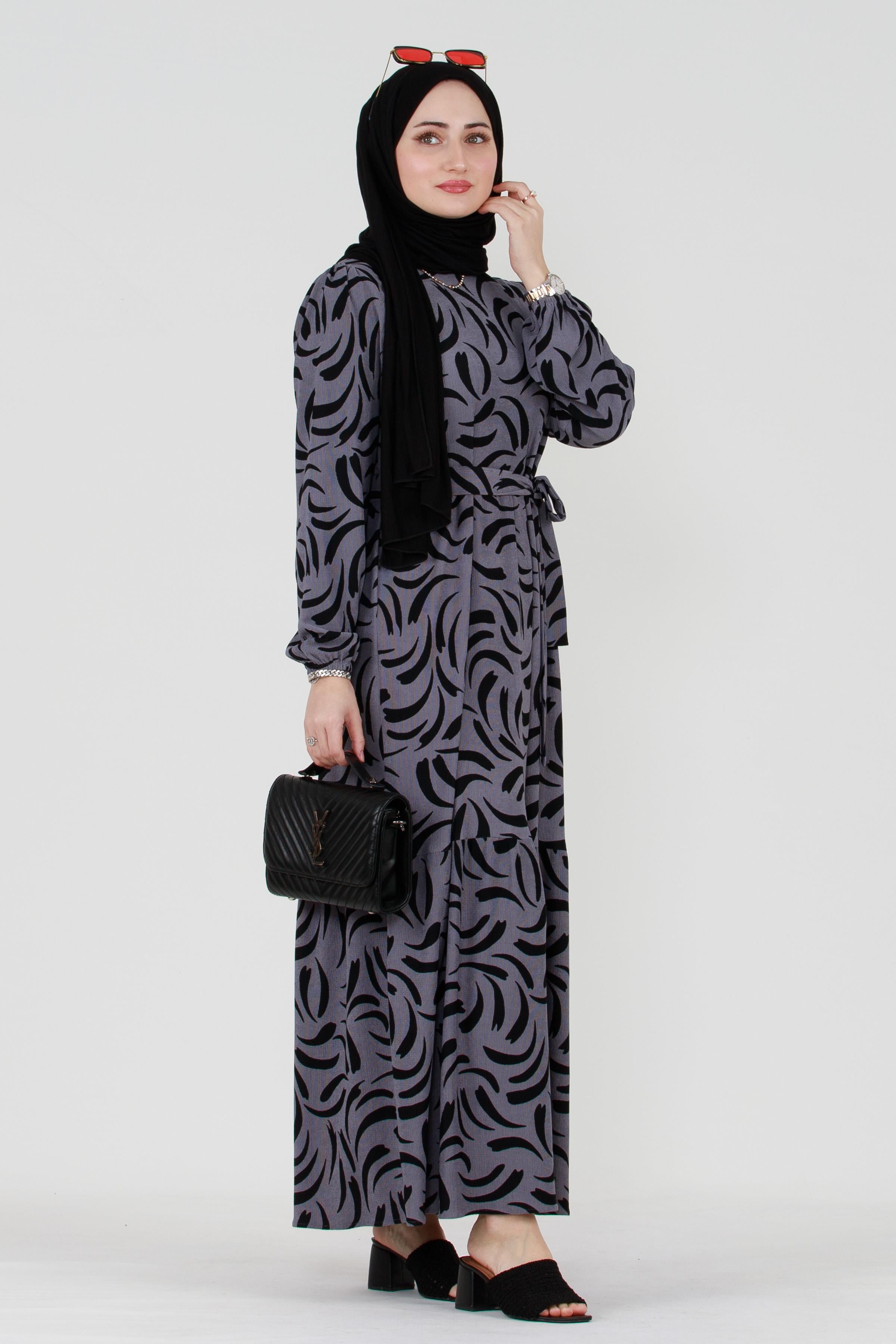 Tulip Waist Belted Modest Dress-Grey
