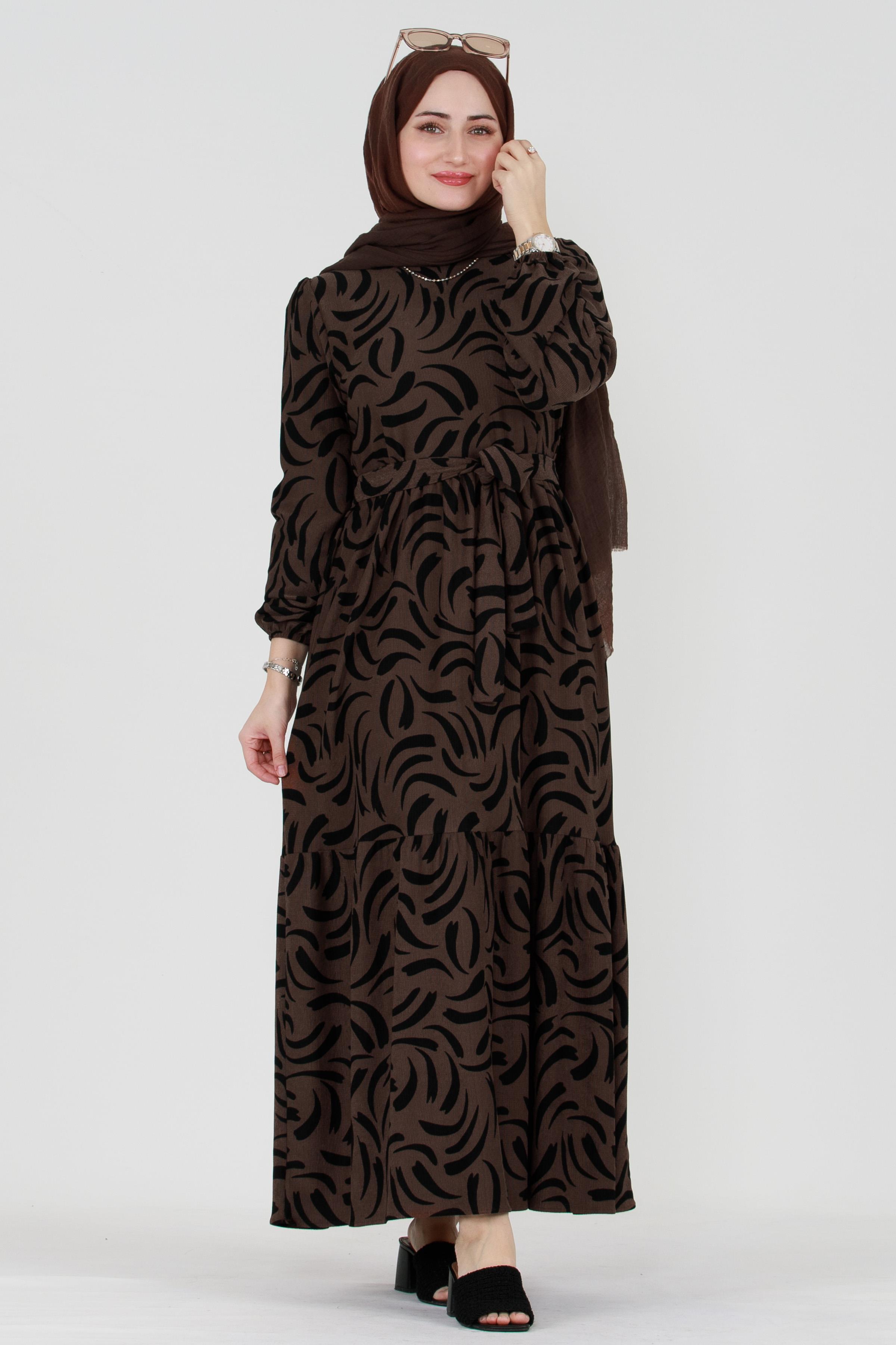 Tulip Waist Belted Modest Dress-Brown