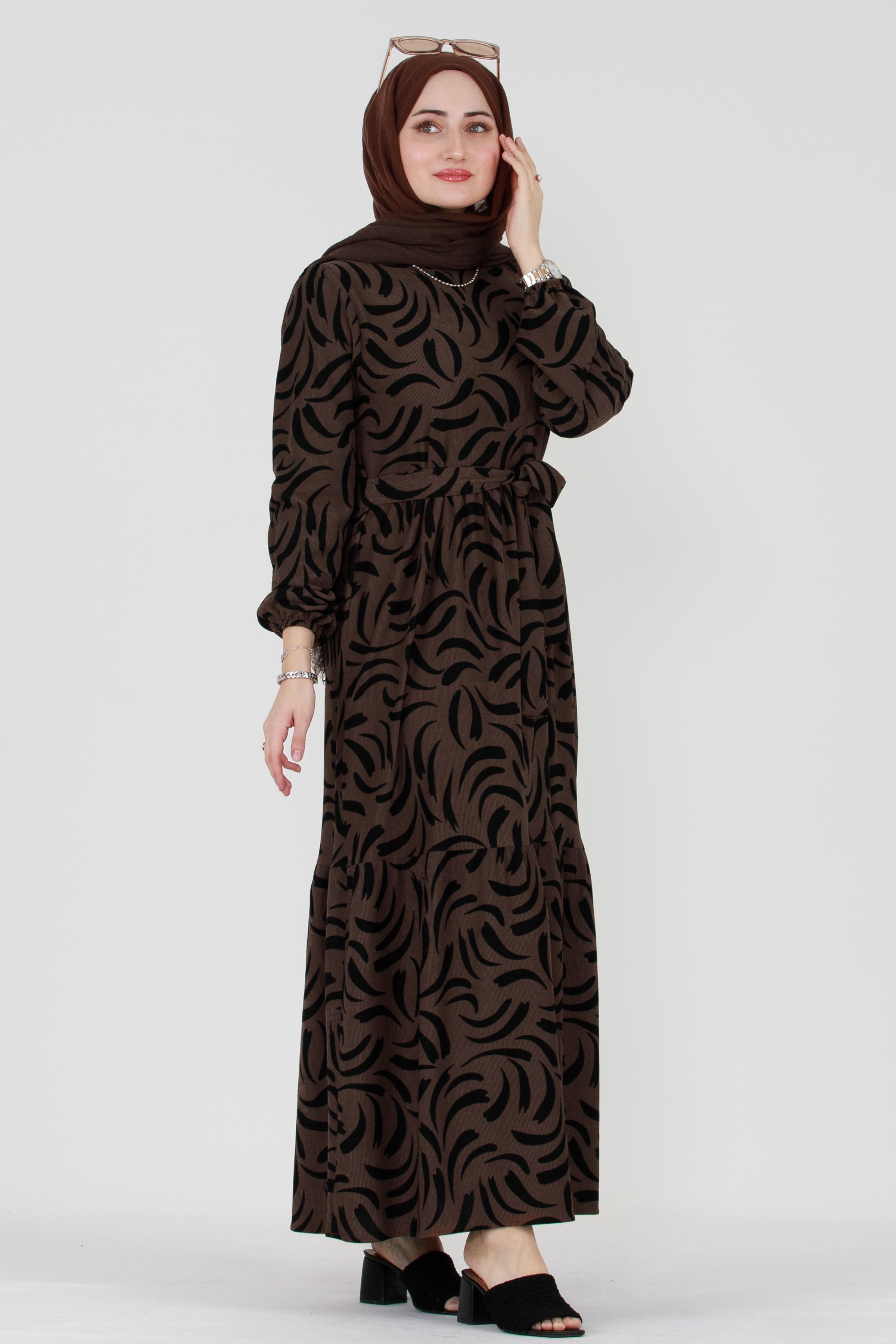 Tulip Waist Belted Modest Dress-Brown