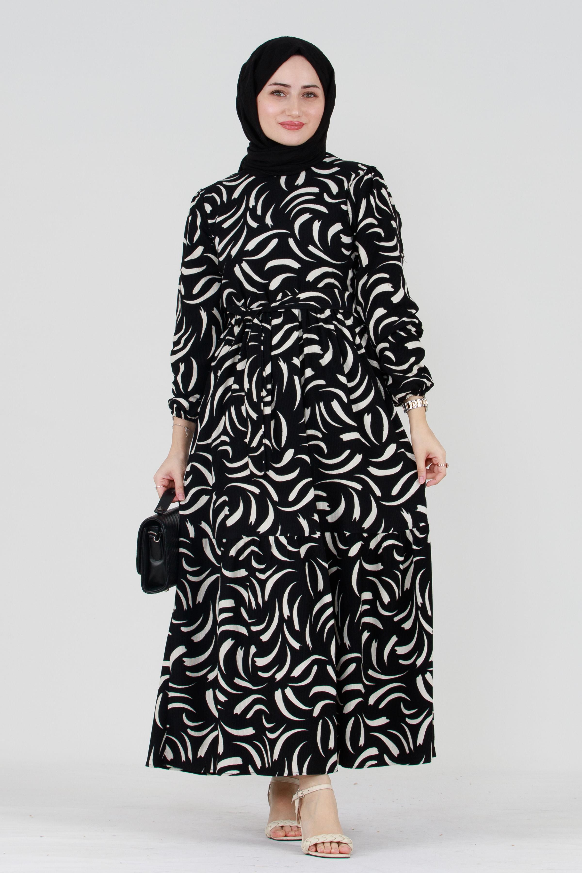 Tulip Waist Belted Modest Dress-Black