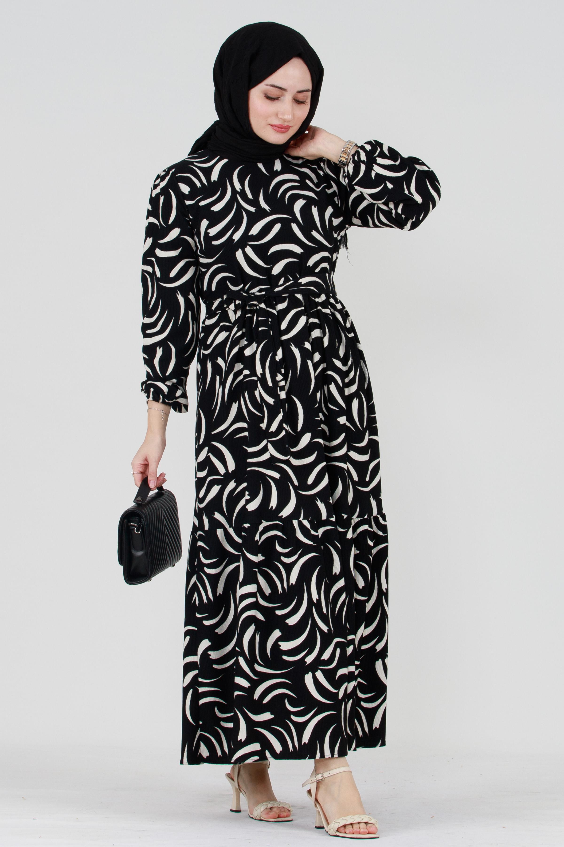 Tulip Waist Belted Modest Dress-Black