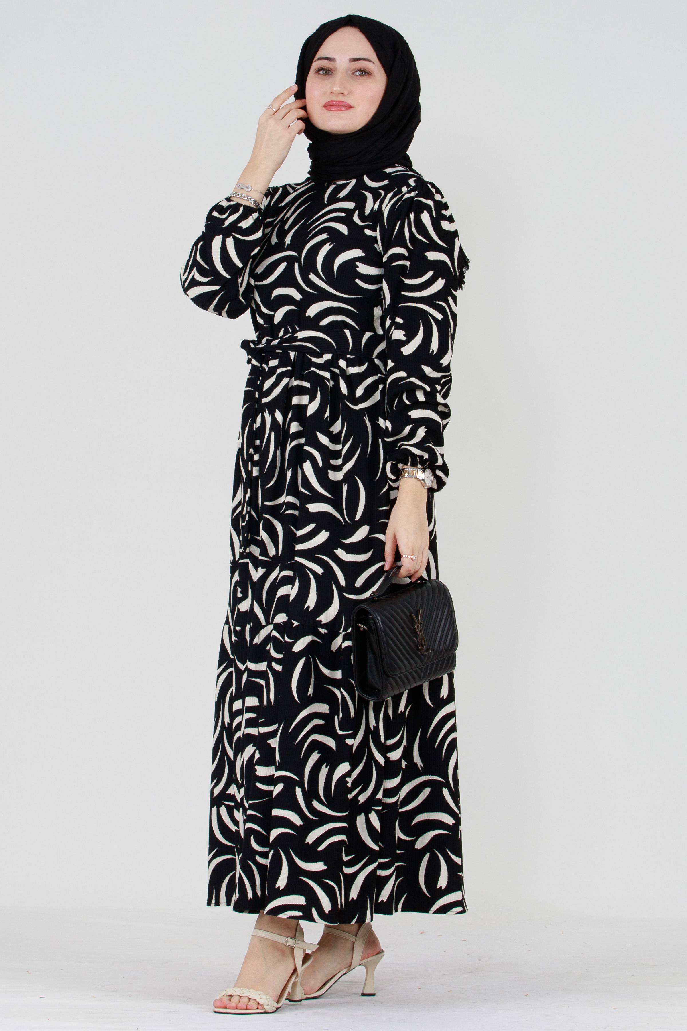 Tulip Waist Belted Modest Dress-Black