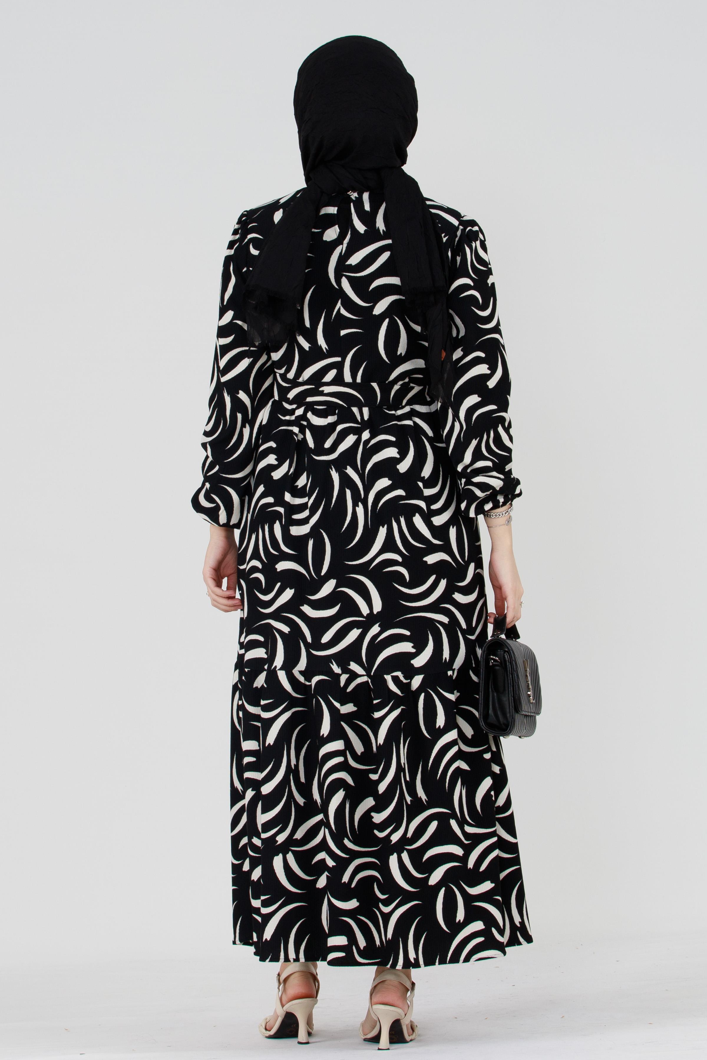 Tulip Waist Belted Modest Dress-Black