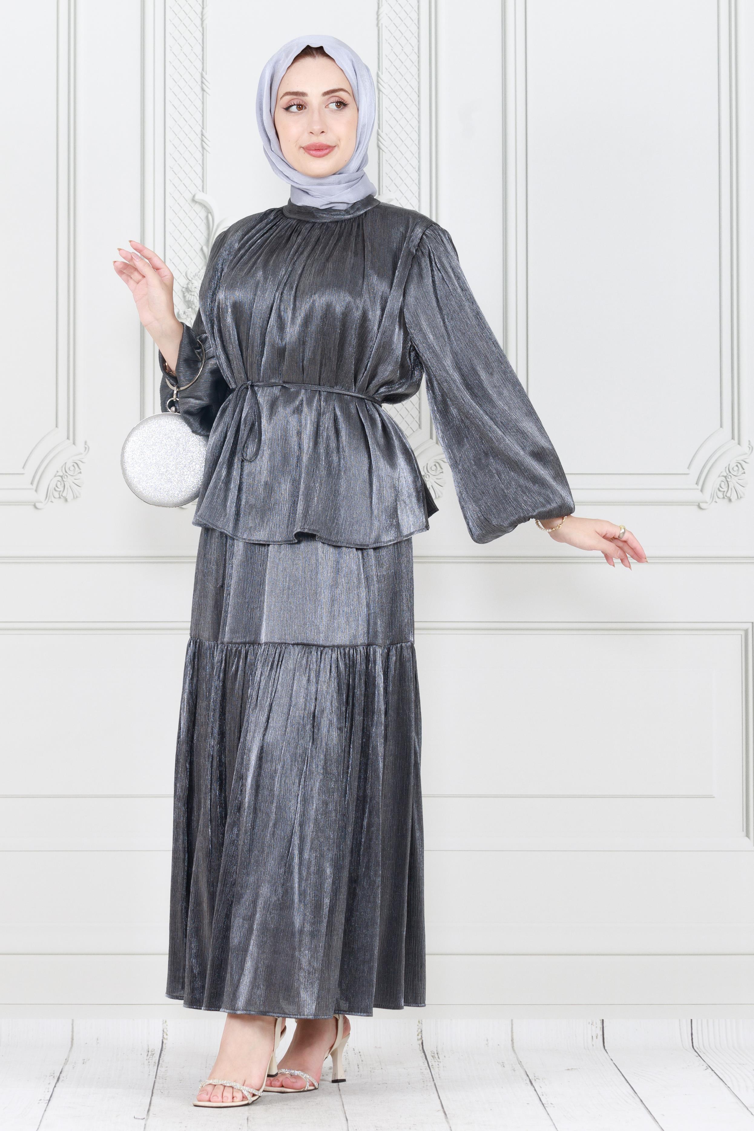 Balloon Sleeve Tunic and Skirt Set - Metallic Gray