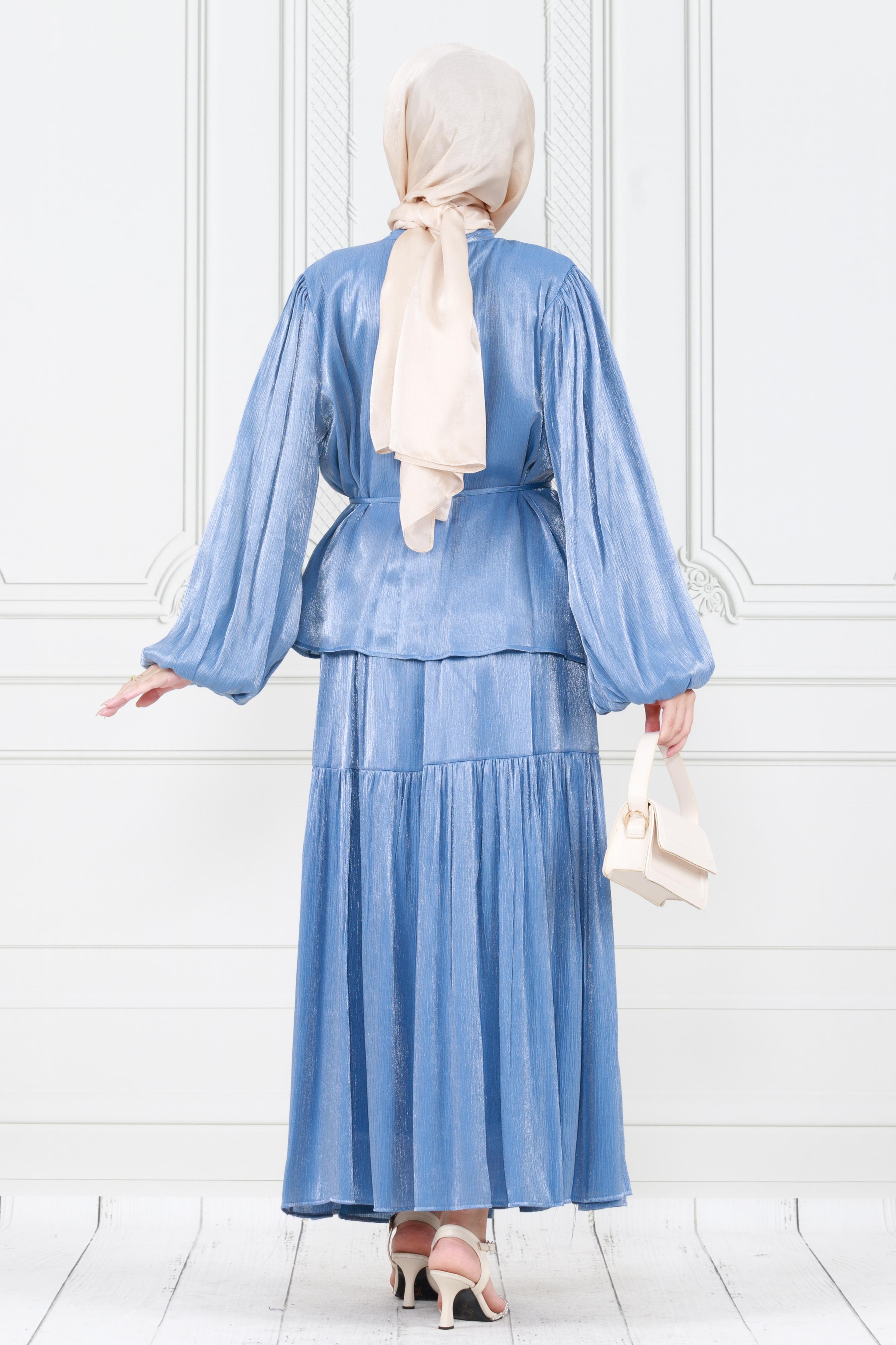 Balloon Sleeve Tunic and Skirt Set - blue 
