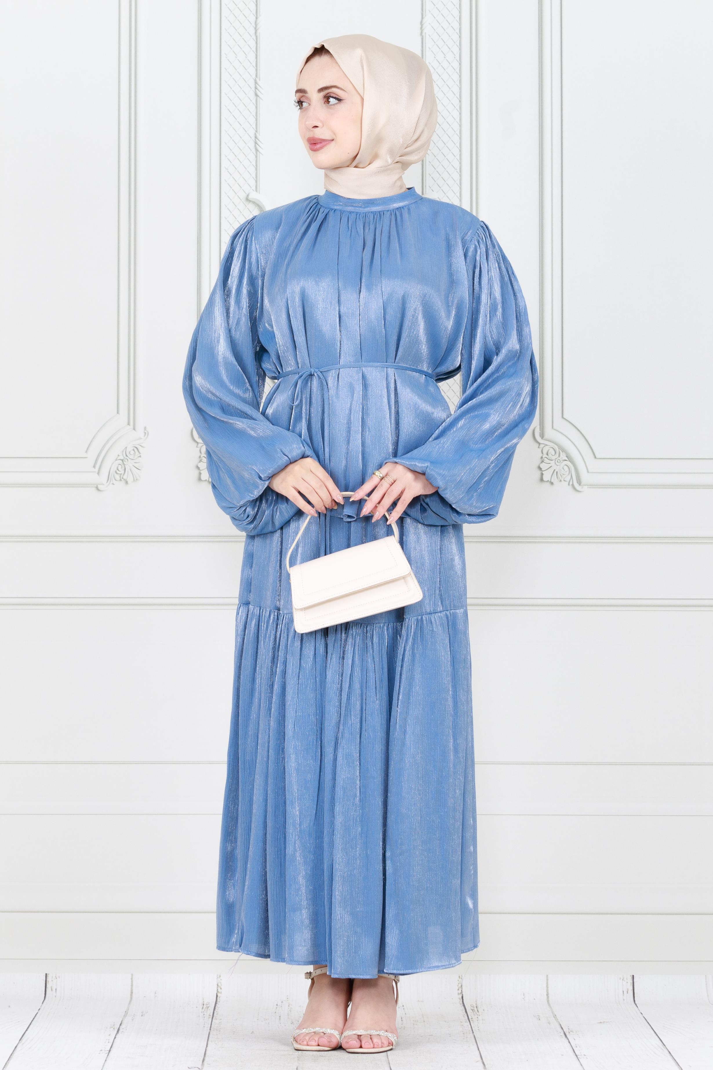 Balloon Sleeve Tunic and Skirt Set - blue 