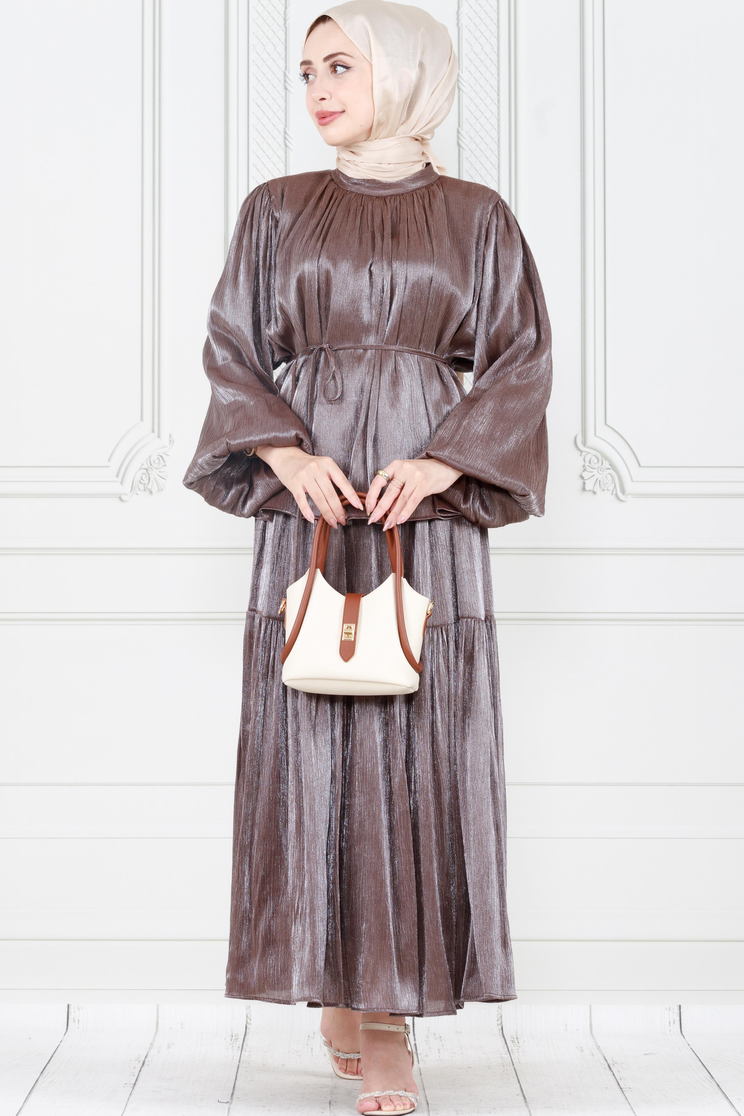 Balloon Sleeve Tunic and Skirt Set -  brown