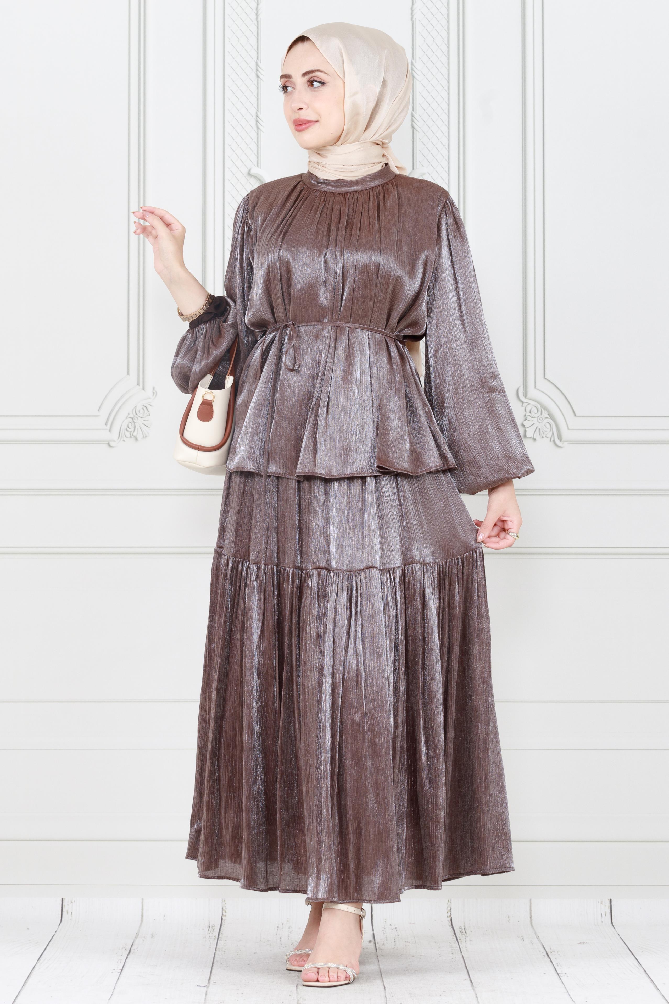 Balloon Sleeve Tunic and Skirt Set -  brown