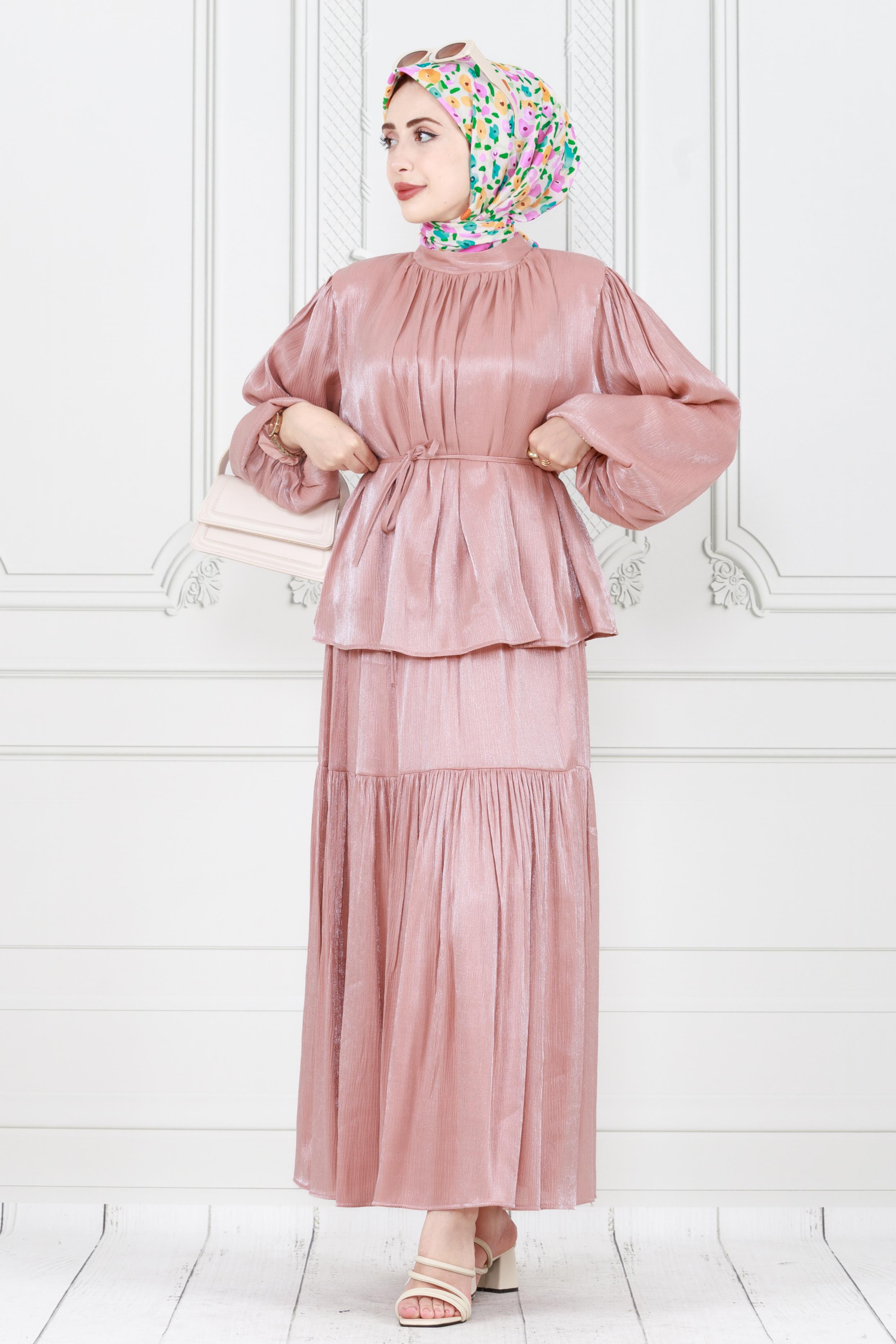 Balloon Sleeve Tunic and Skirt Set -  pink  