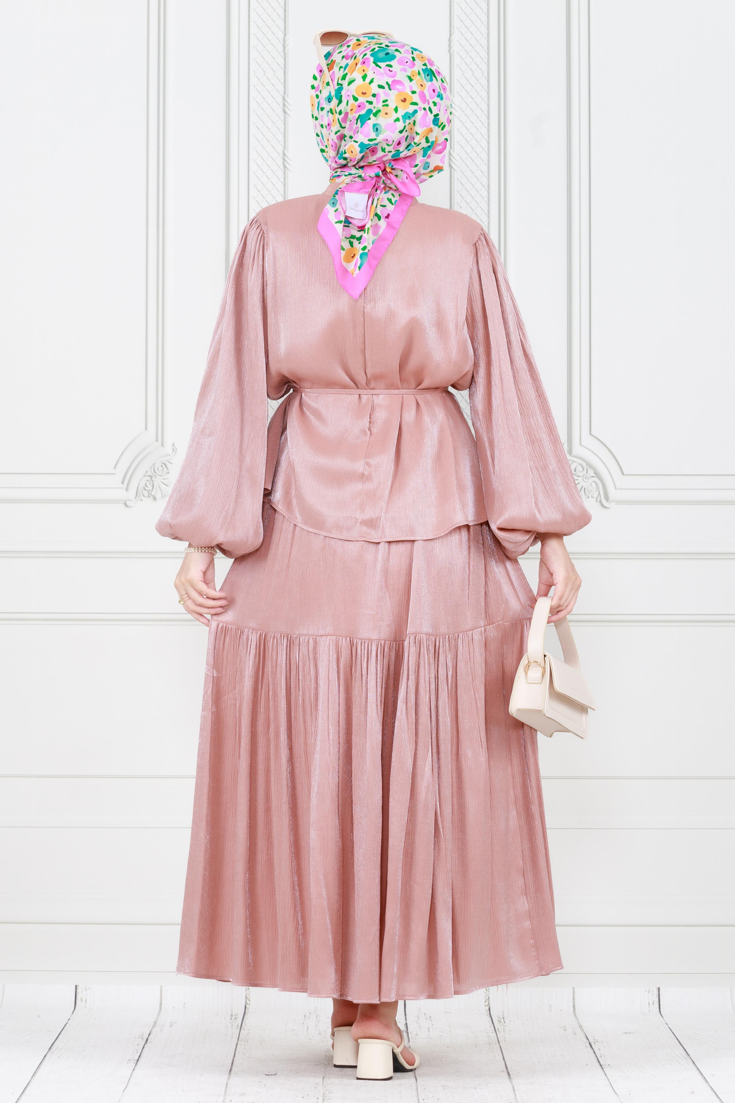 Balloon Sleeve Tunic and Skirt Set -  pink  