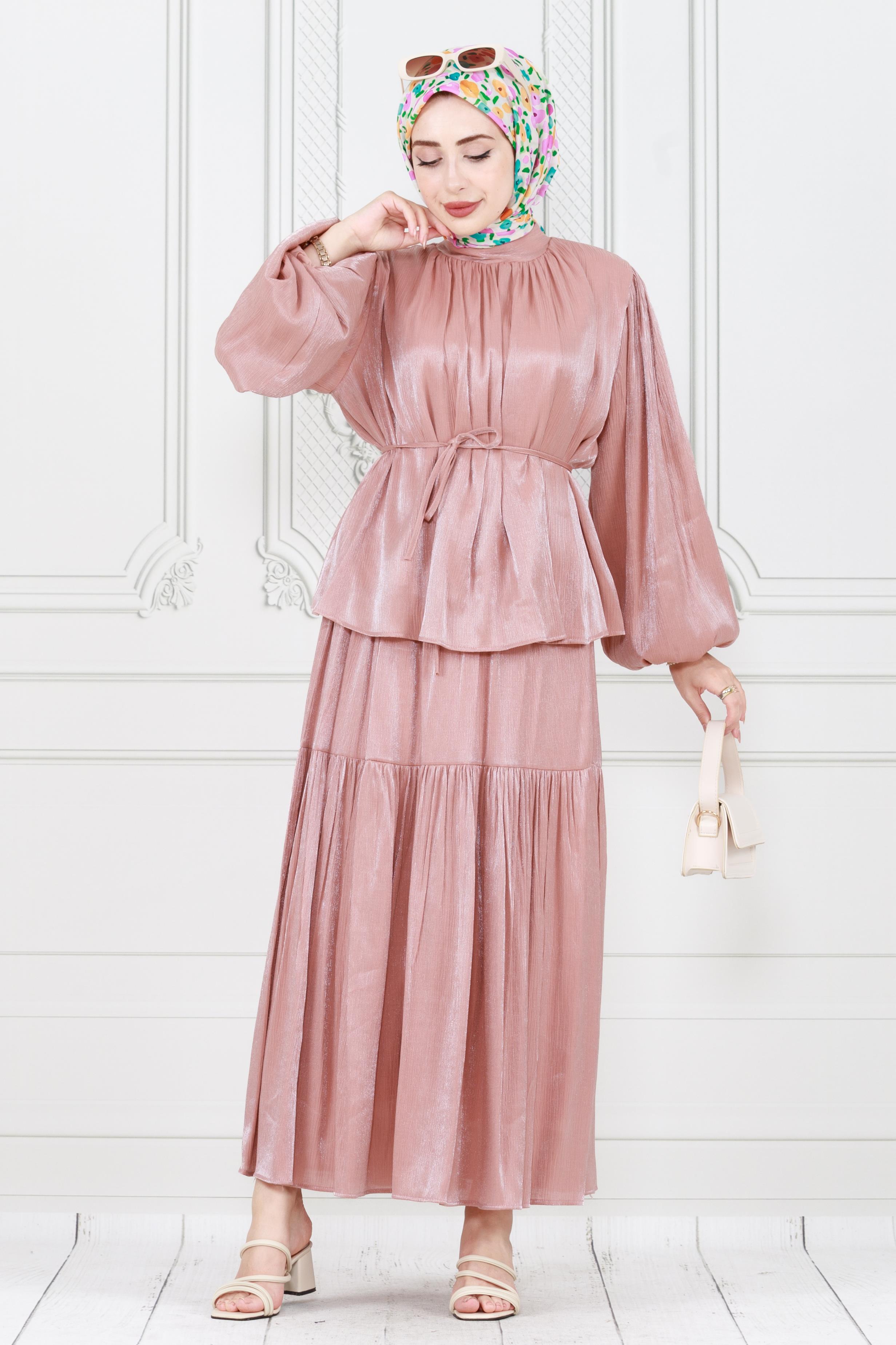 Balloon Sleeve Tunic and Skirt Set -  pink  