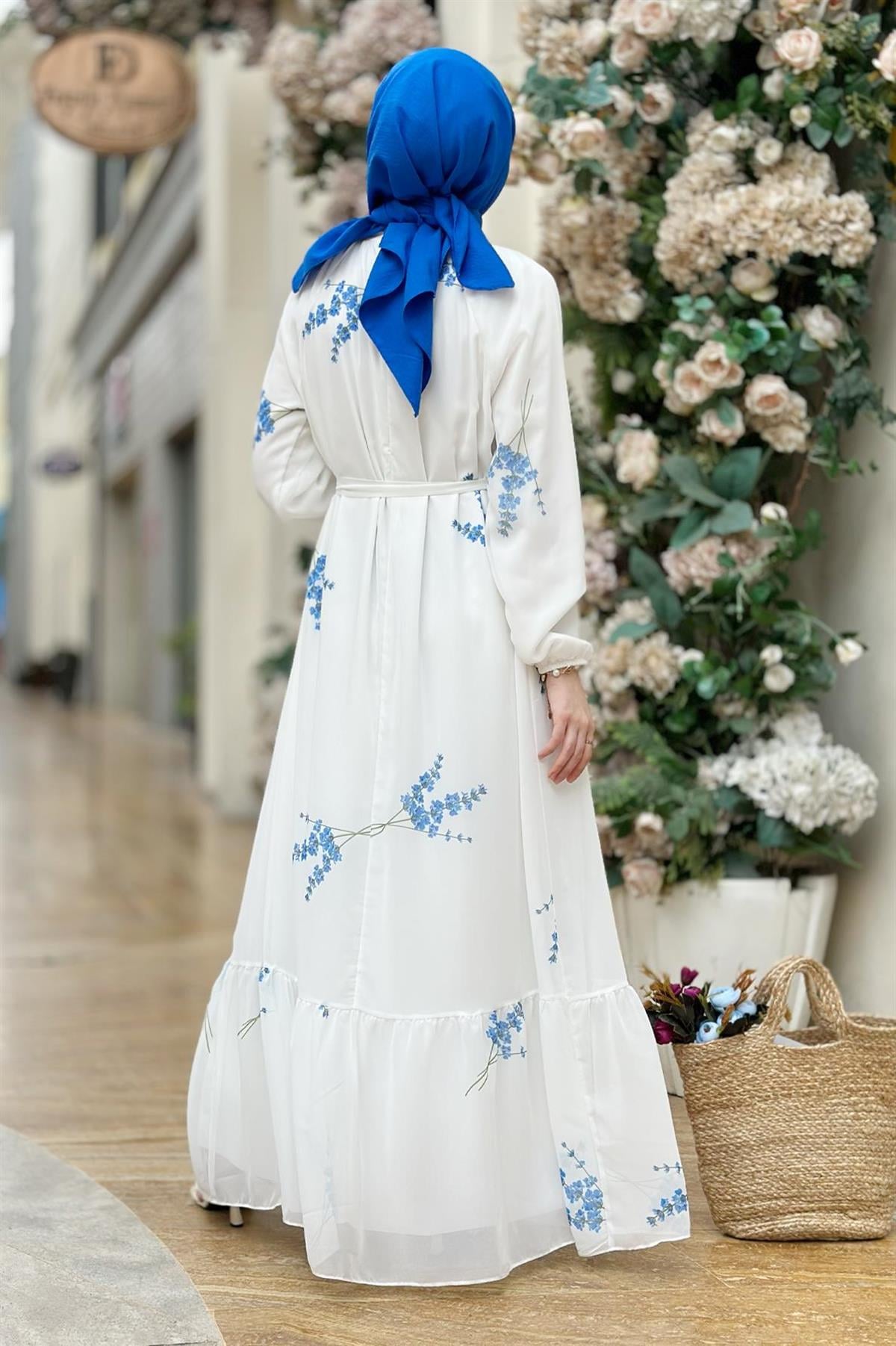 Lavender Patterned Lining Chiffon Dress-Blue