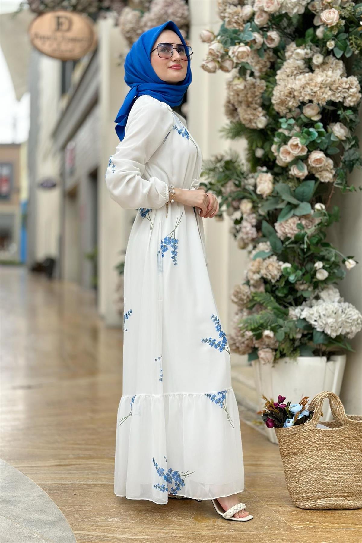 Lavender Patterned Lining Chiffon Dress-Blue