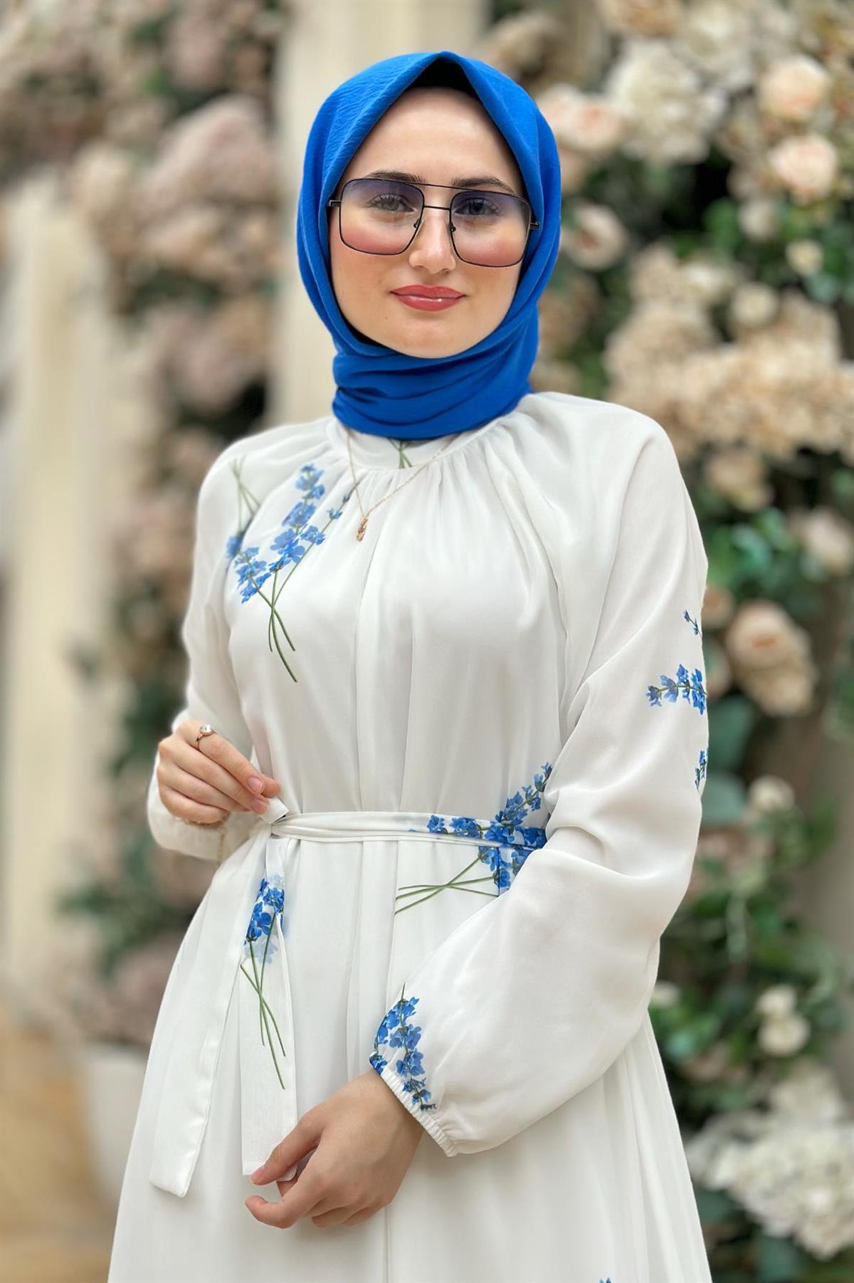 Lavender Patterned Lining Chiffon Dress-Blue