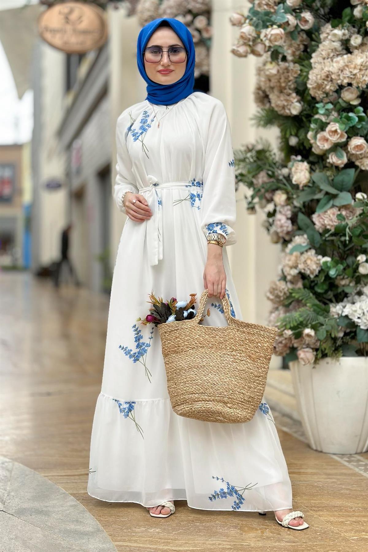 Lavender Patterned Lining Chiffon Dress-Blue