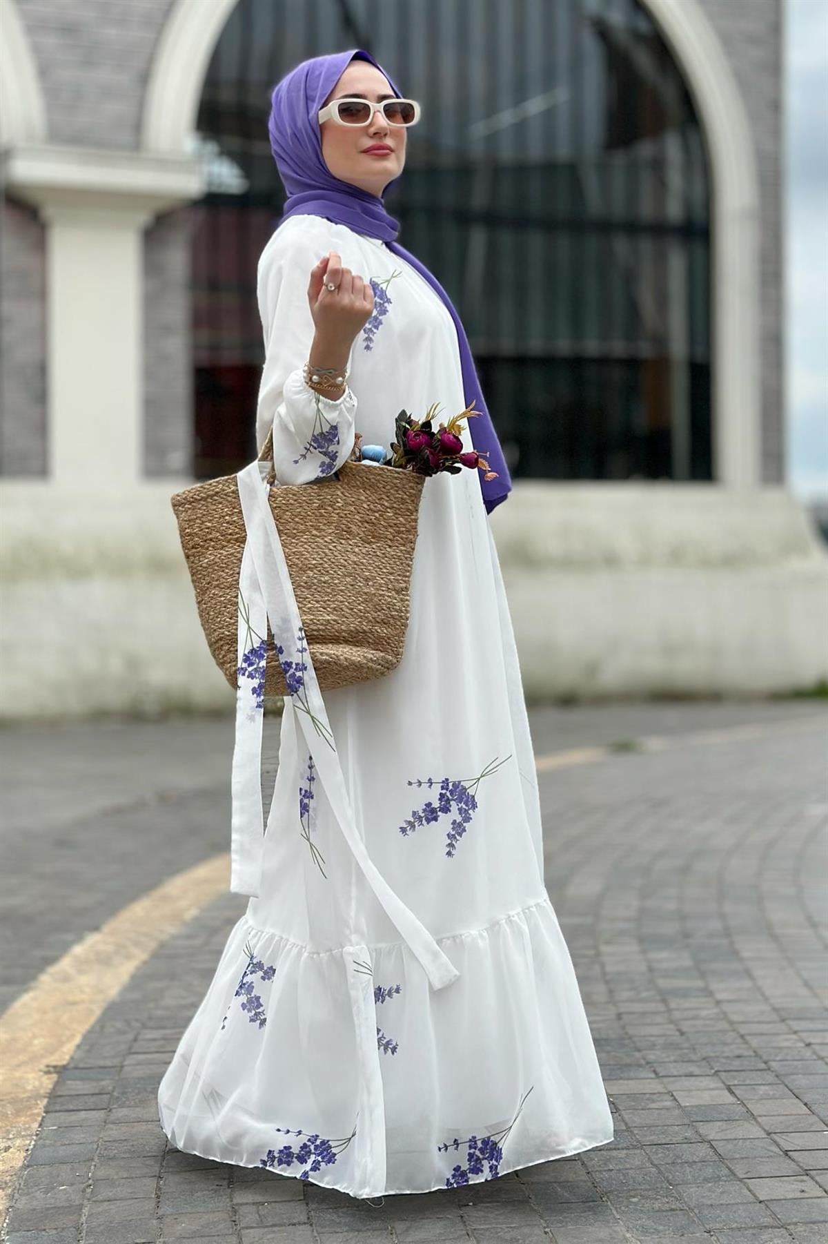 Lavender Patterned Lining Chiffon Dress-Purple