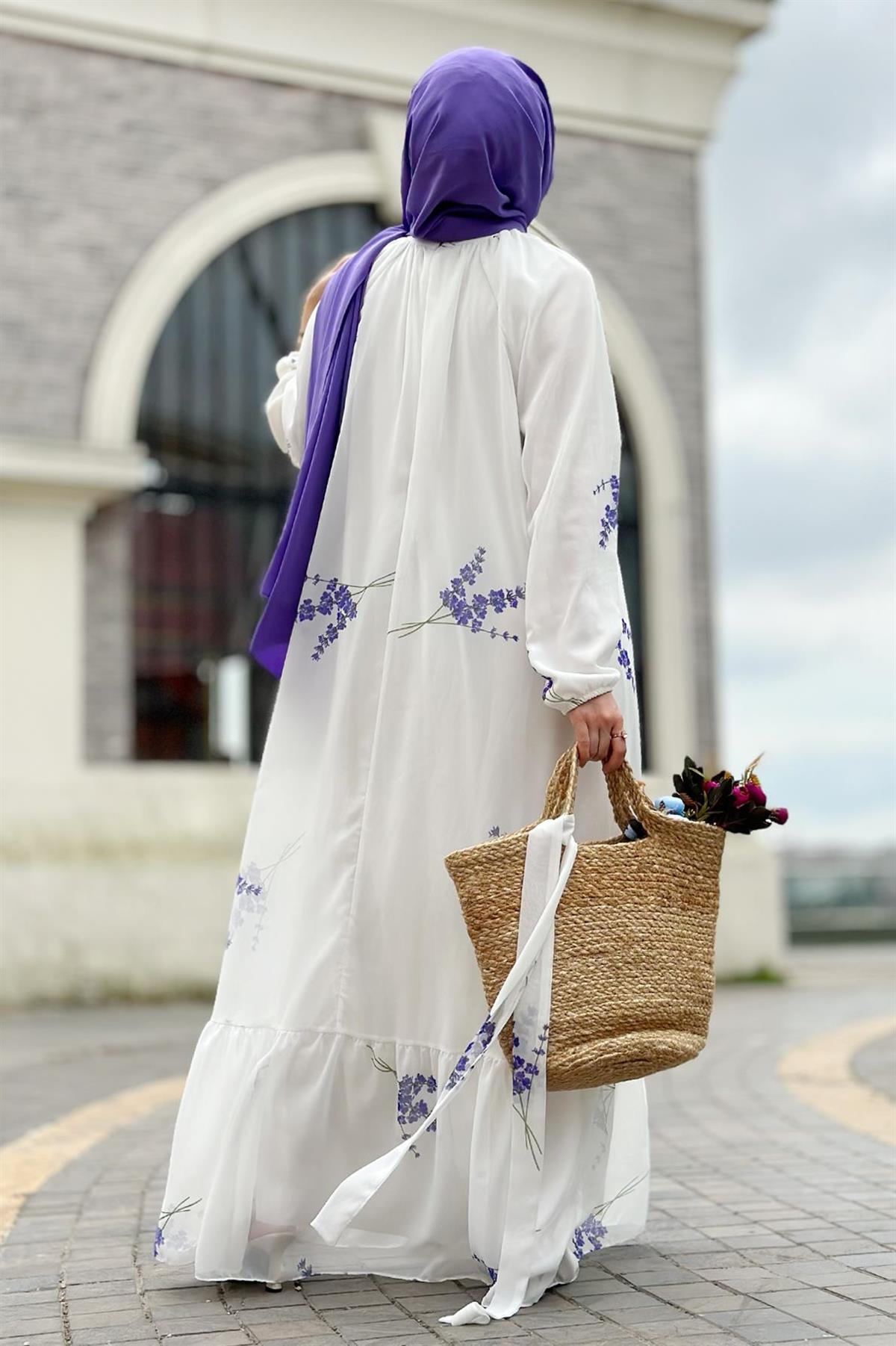 Lavender Patterned Lining Chiffon Dress-Purple
