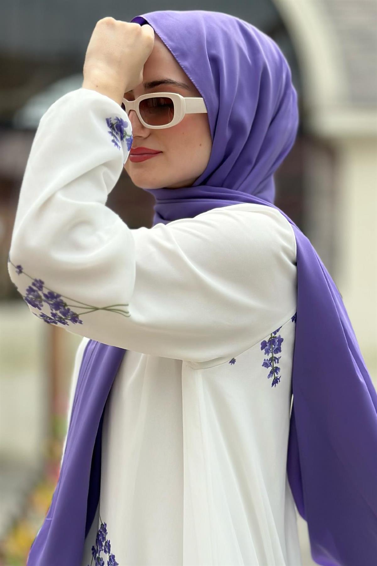 Lavender Patterned Lining Chiffon Dress-Purple