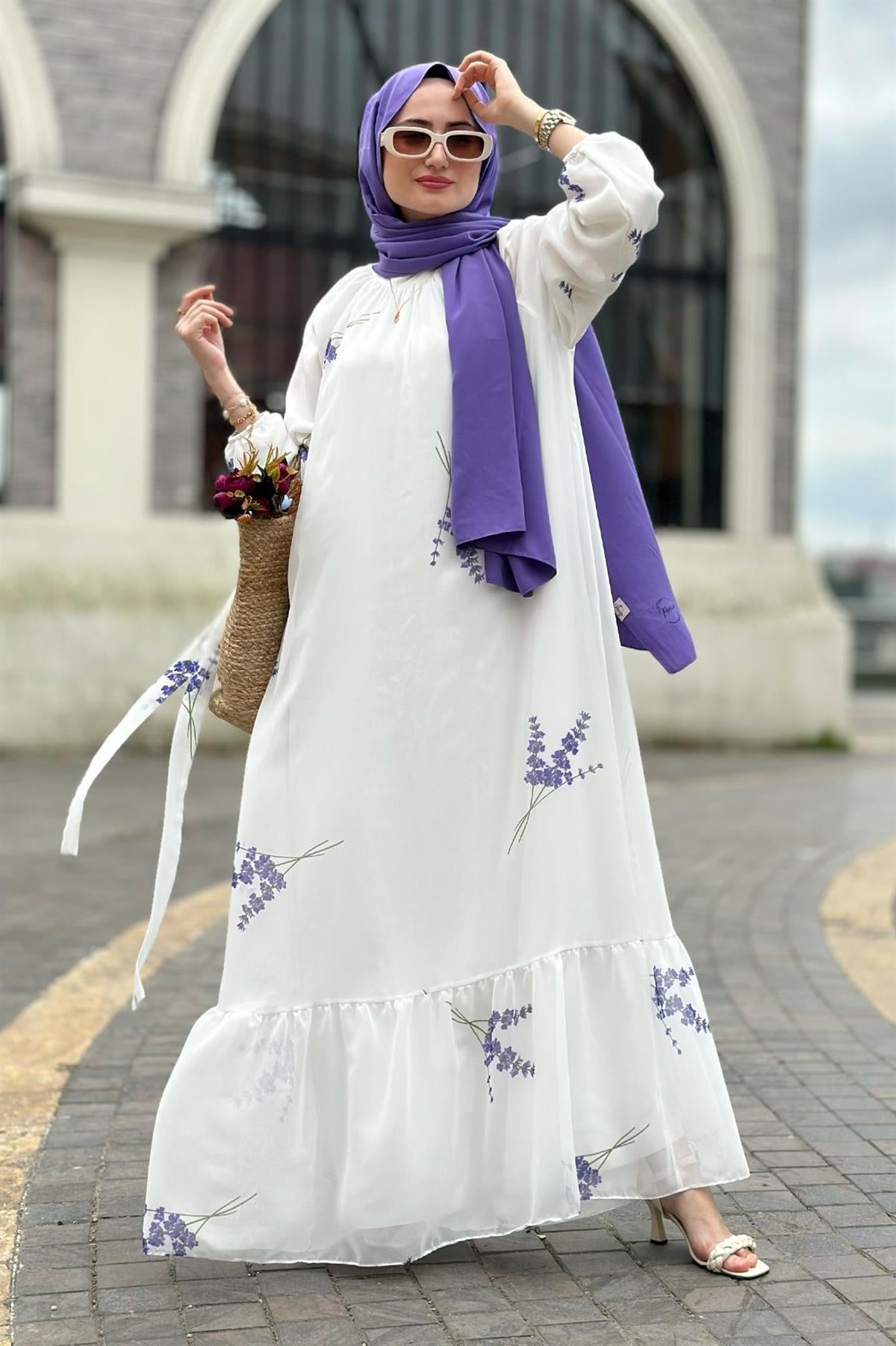 Lavender Patterned Lining Chiffon Dress-Purple