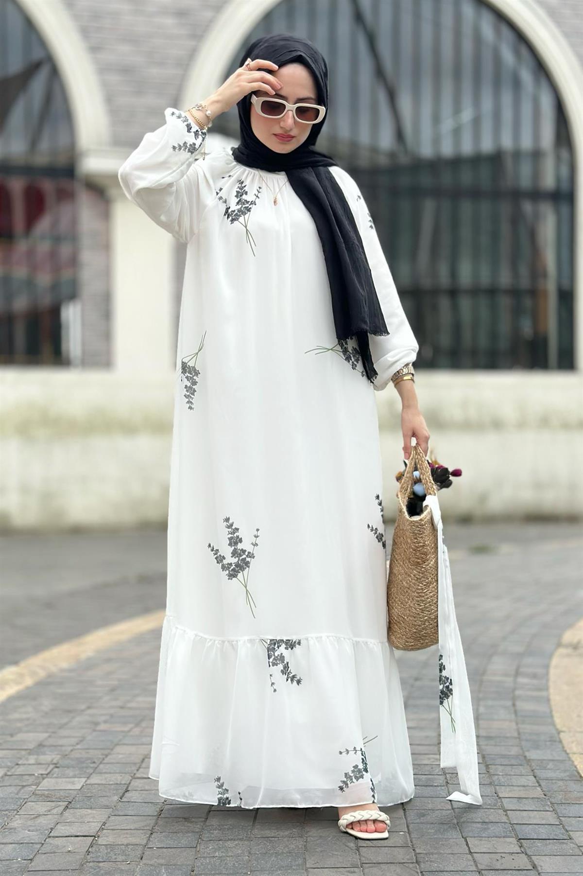 Lavender Patterned Lining Chiffon Dress-Black