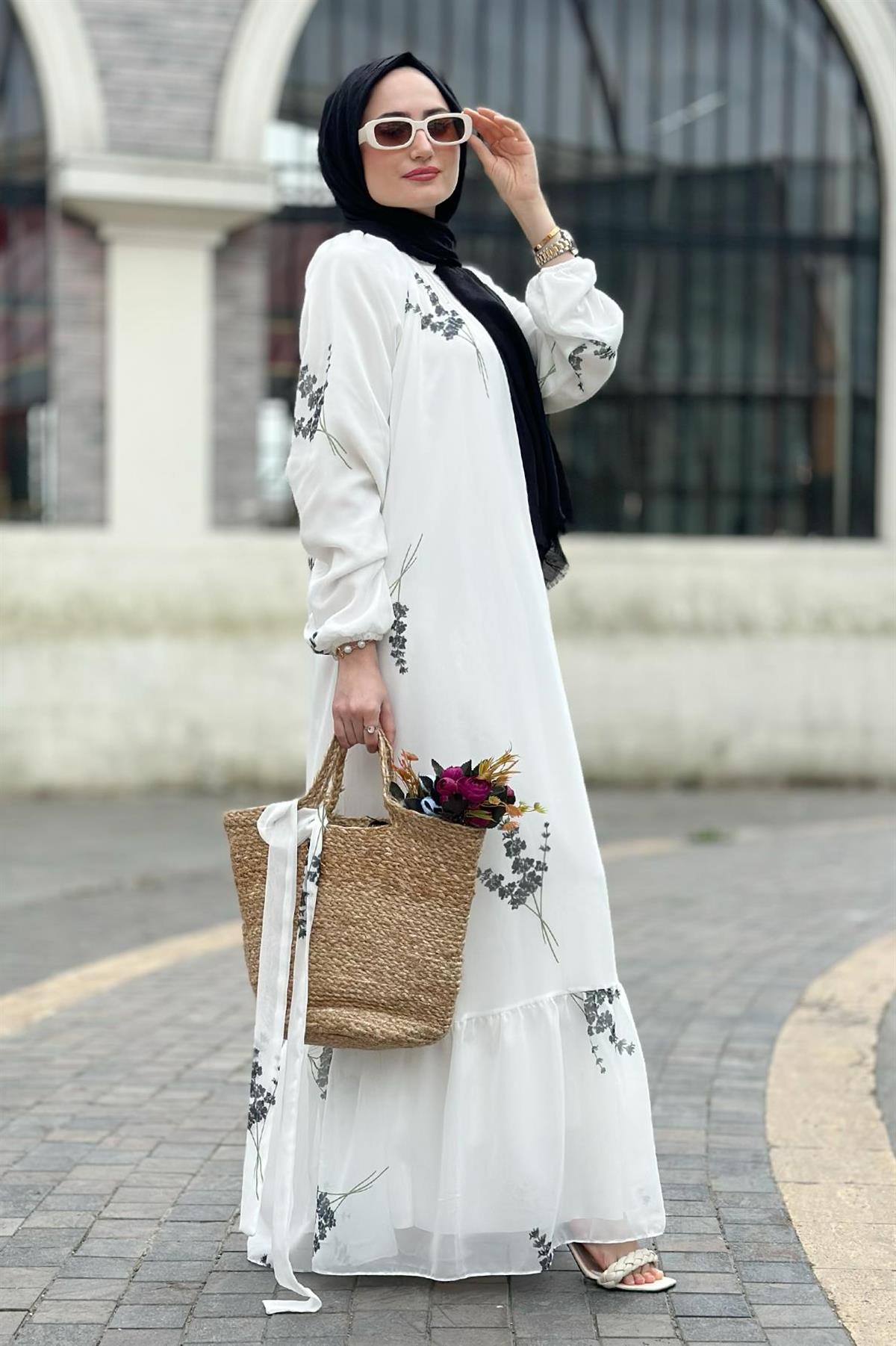Lavender Patterned Lining Chiffon Dress-Black