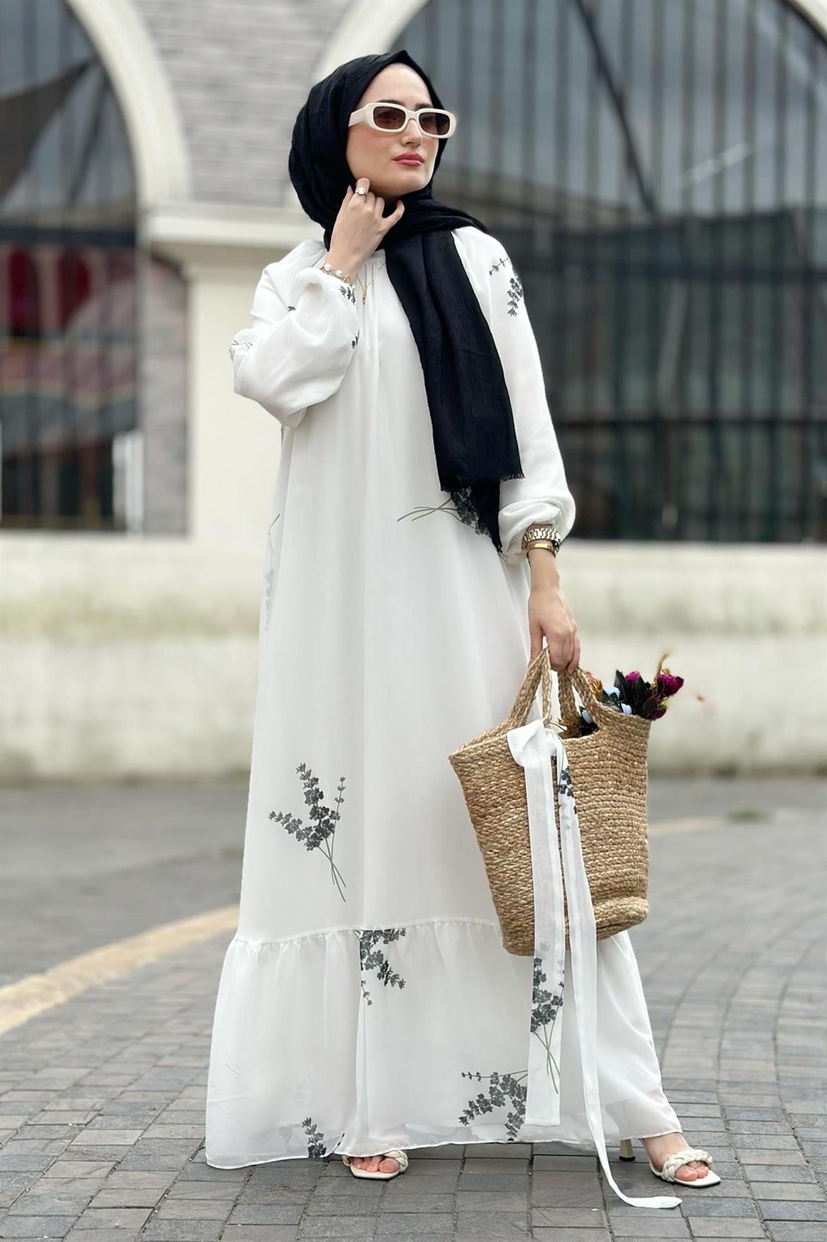Lavender Patterned Lining Chiffon Dress-Black
