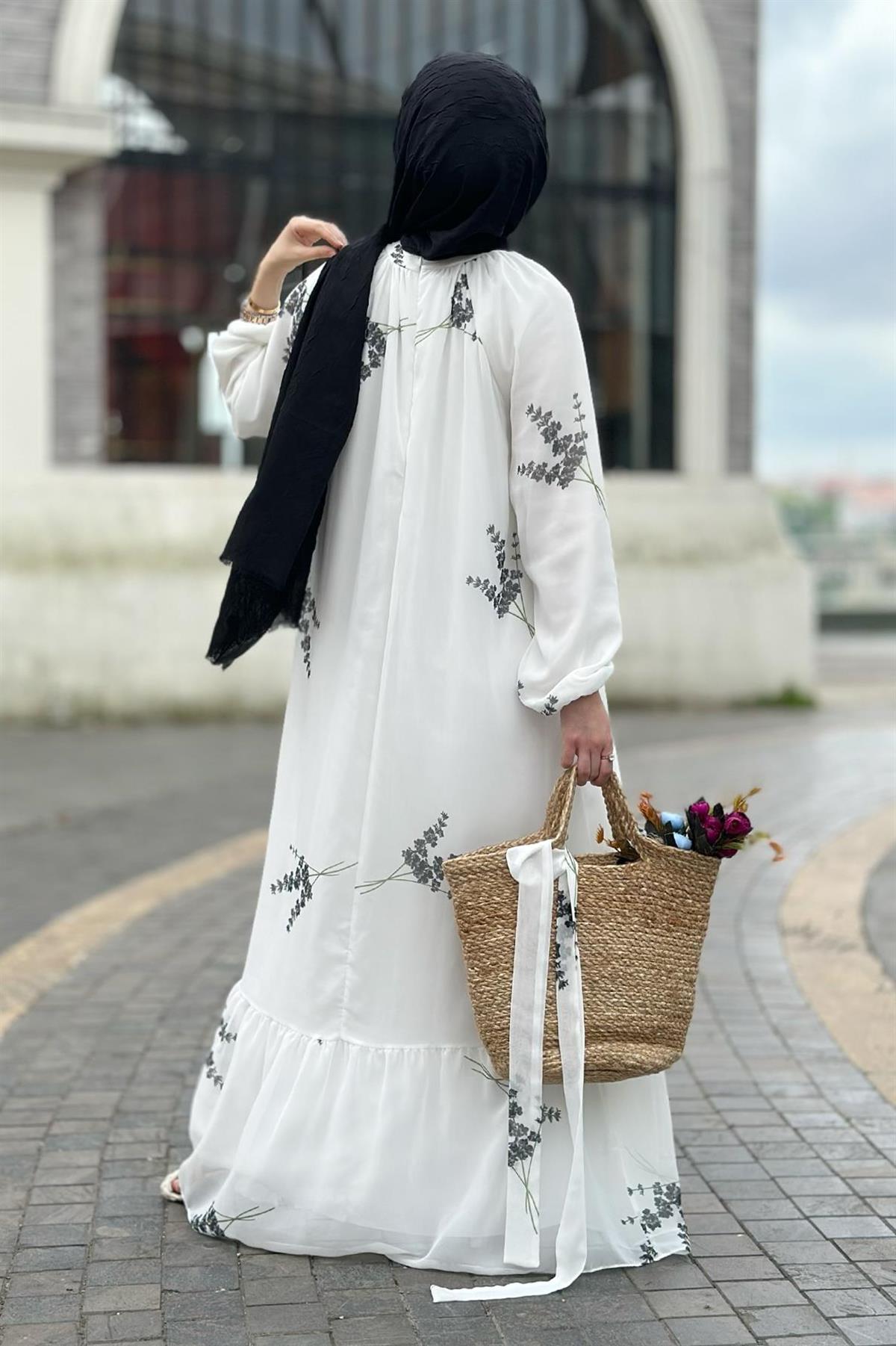 Lavender Patterned Lining Chiffon Dress-Black