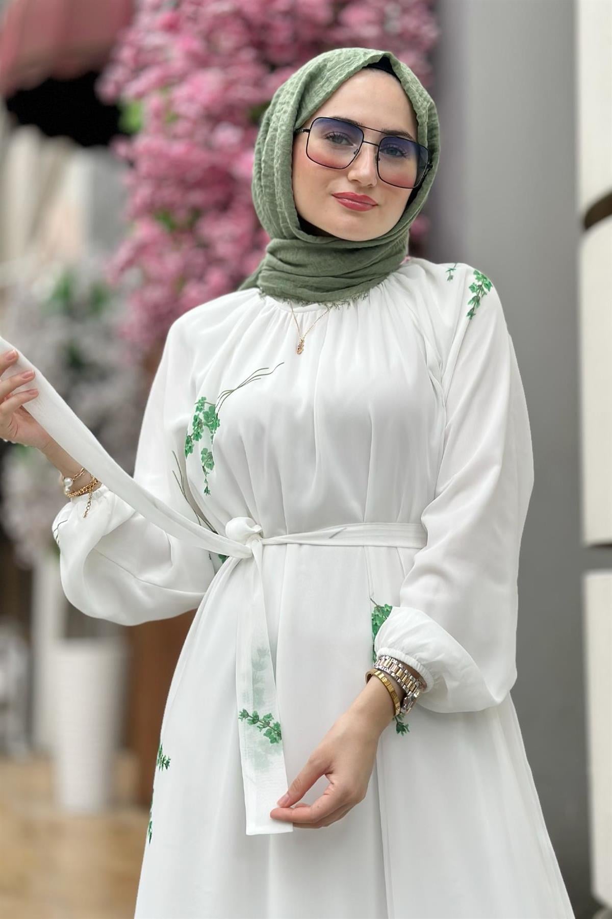 Lavender Patterned Lining Chiffon Dress-Green