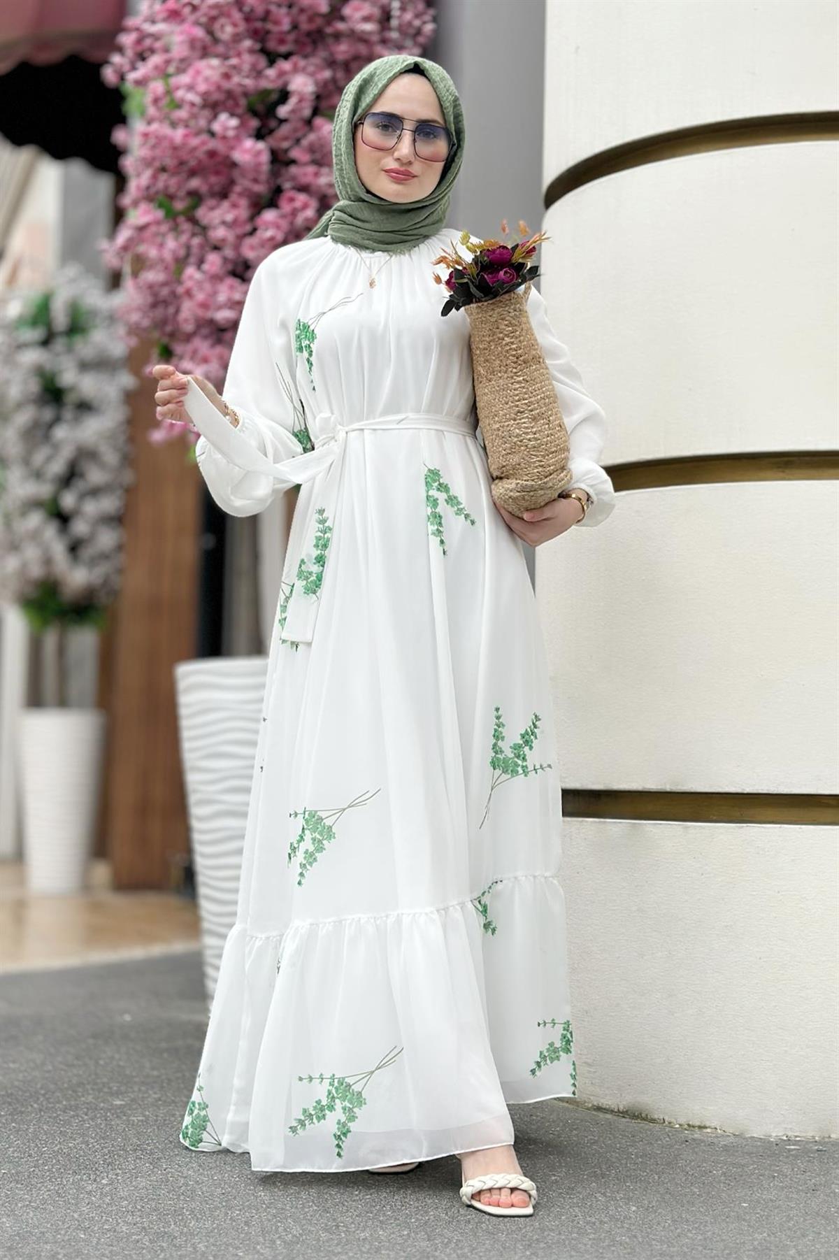 Lavender Patterned Lining Chiffon Dress-Green