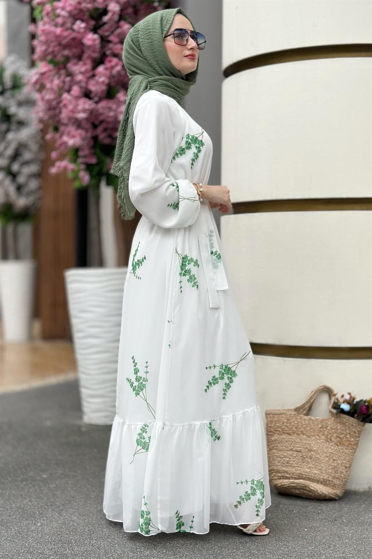 Lavender Patterned Lining Chiffon Dress-Green