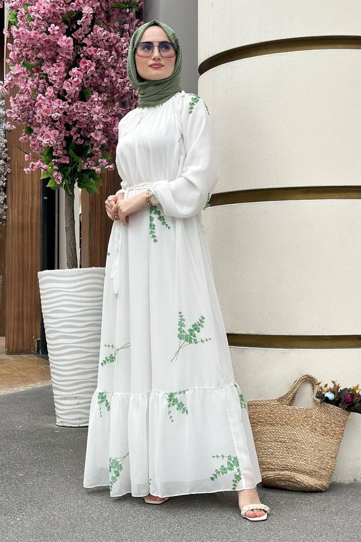 Lavender Patterned Lining Chiffon Dress-Green