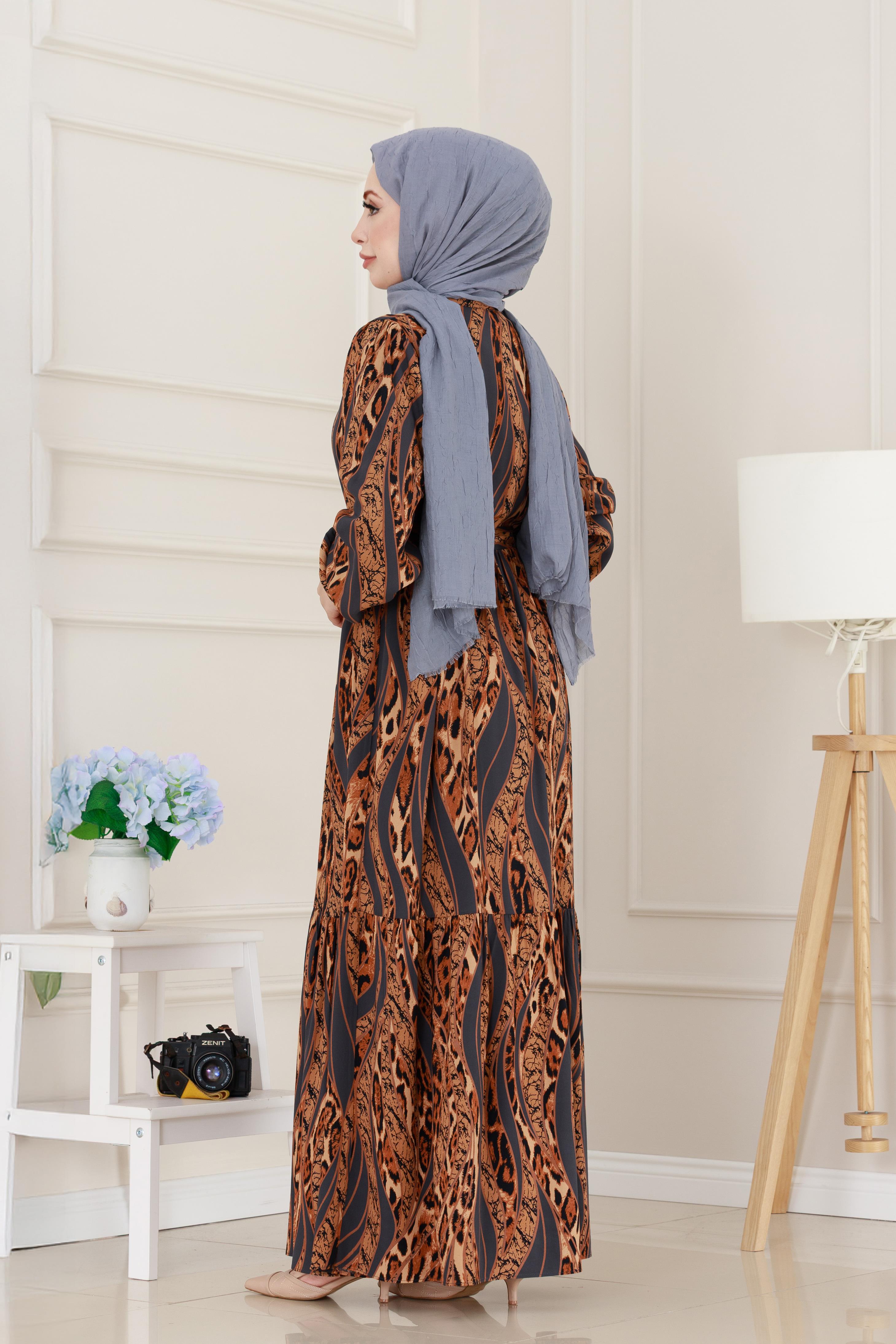 Leopar Desenli Beli Tünelli Viscon Elbise-Gri