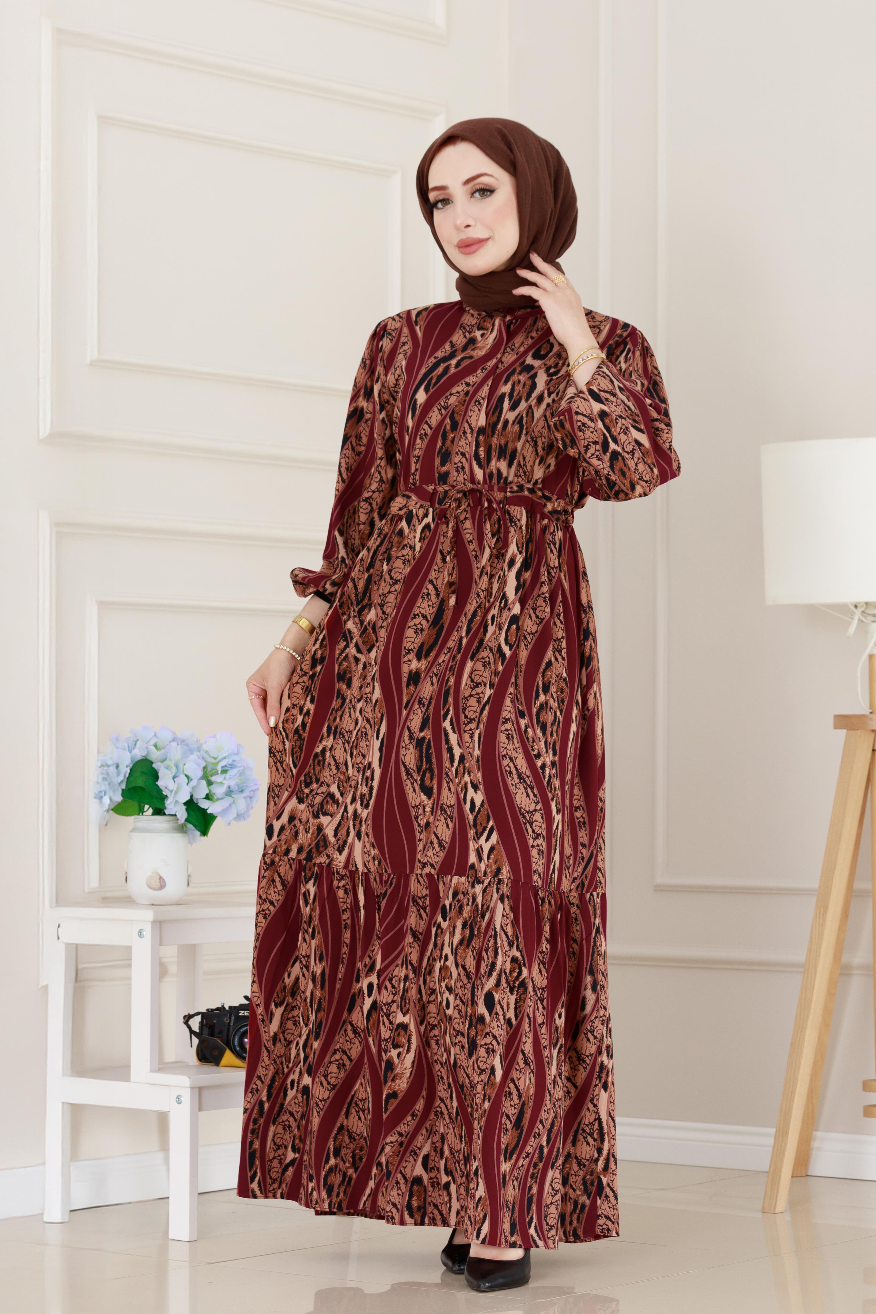 Leopar Desenli Beli Tünelli Viscon Elbise-Bordo