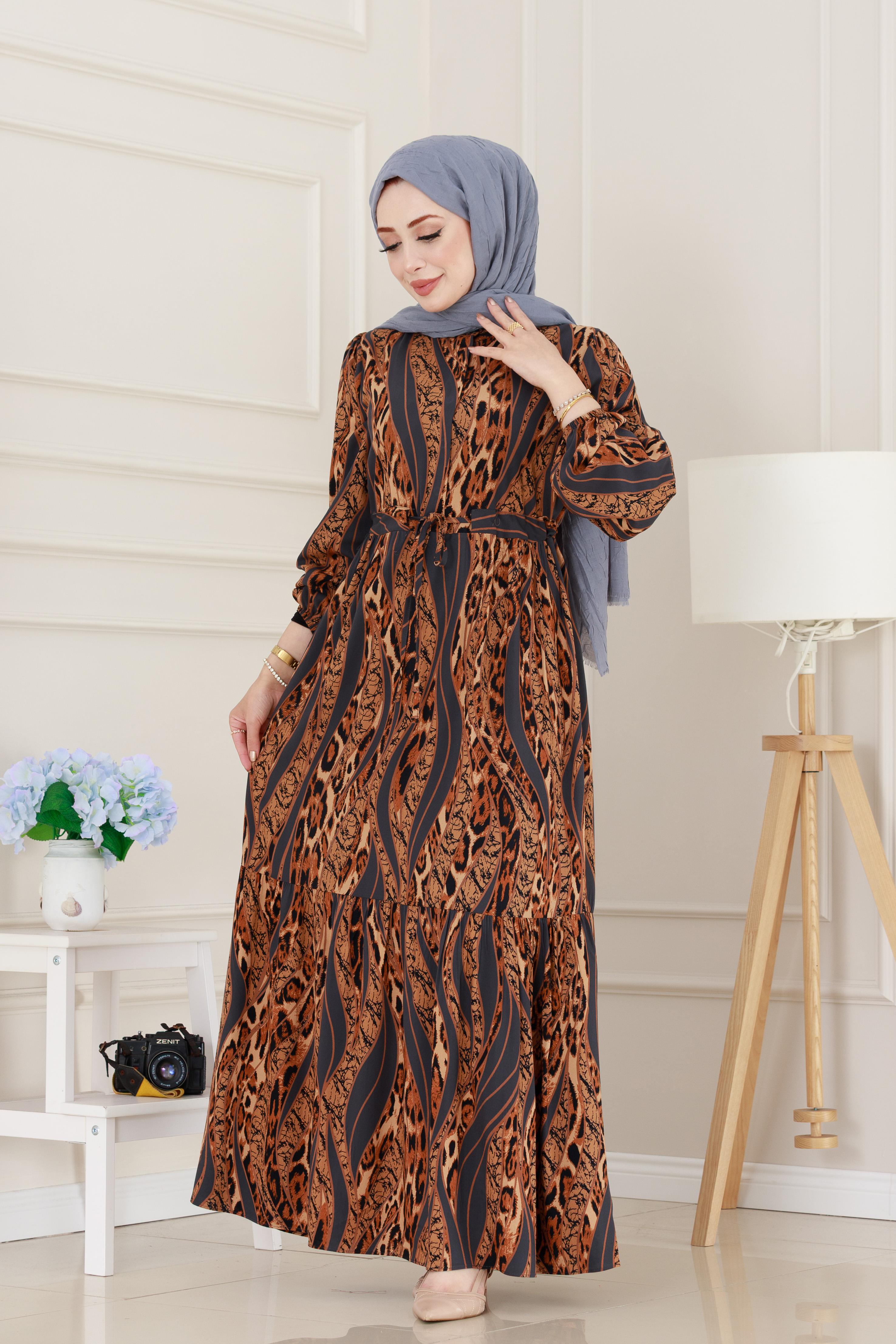 Leopar Desenli Beli Tünelli Viscon Elbise-Gri